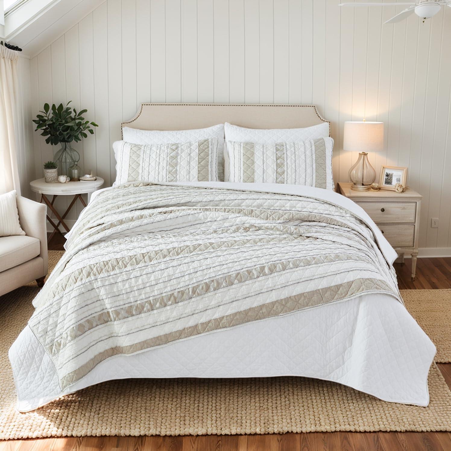 Brandream Twin Size Quilt Set 2-Piece Modern Farmhouse Waffle Quilts Striped Patchwork Quilts 2-Piece