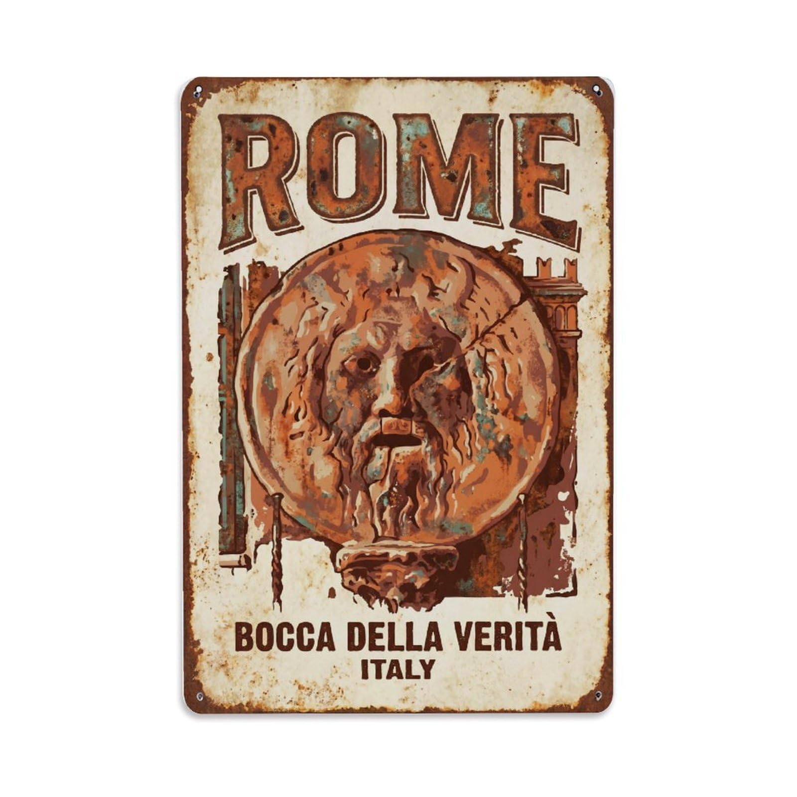 Vintage Travel Rome Bocca Della Verita Mouth of Truth Rusted Italy Metal Tin Sign Plaque Wall Decor for Cafe, Club Bar, Office, Home Garden Metal Poster 8x12Inch