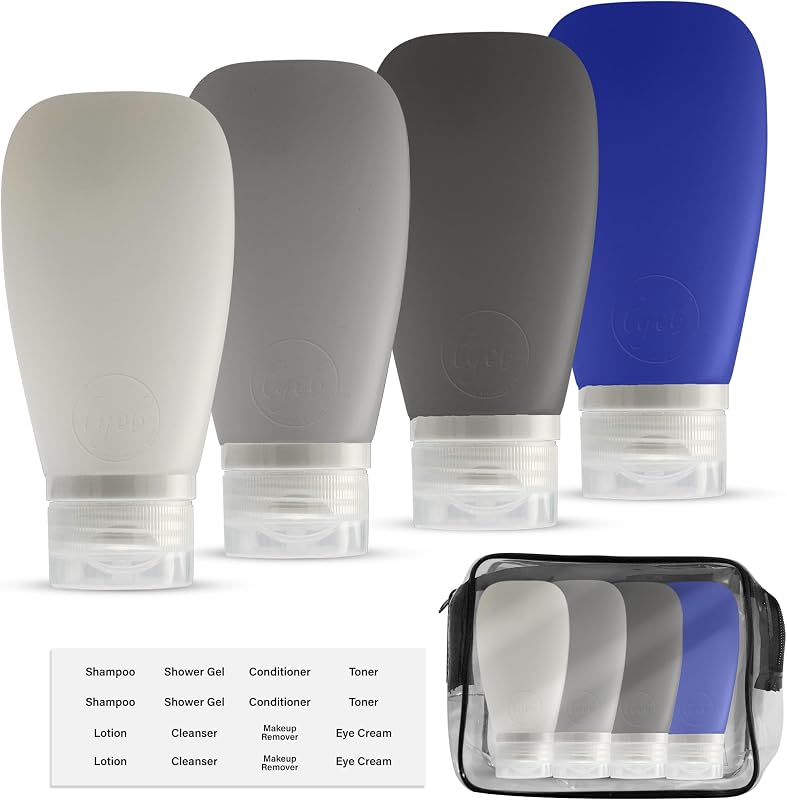 Frascos de silicone recarregáveis LYOB para artigos de higiene, com estojo, Pacote com 4