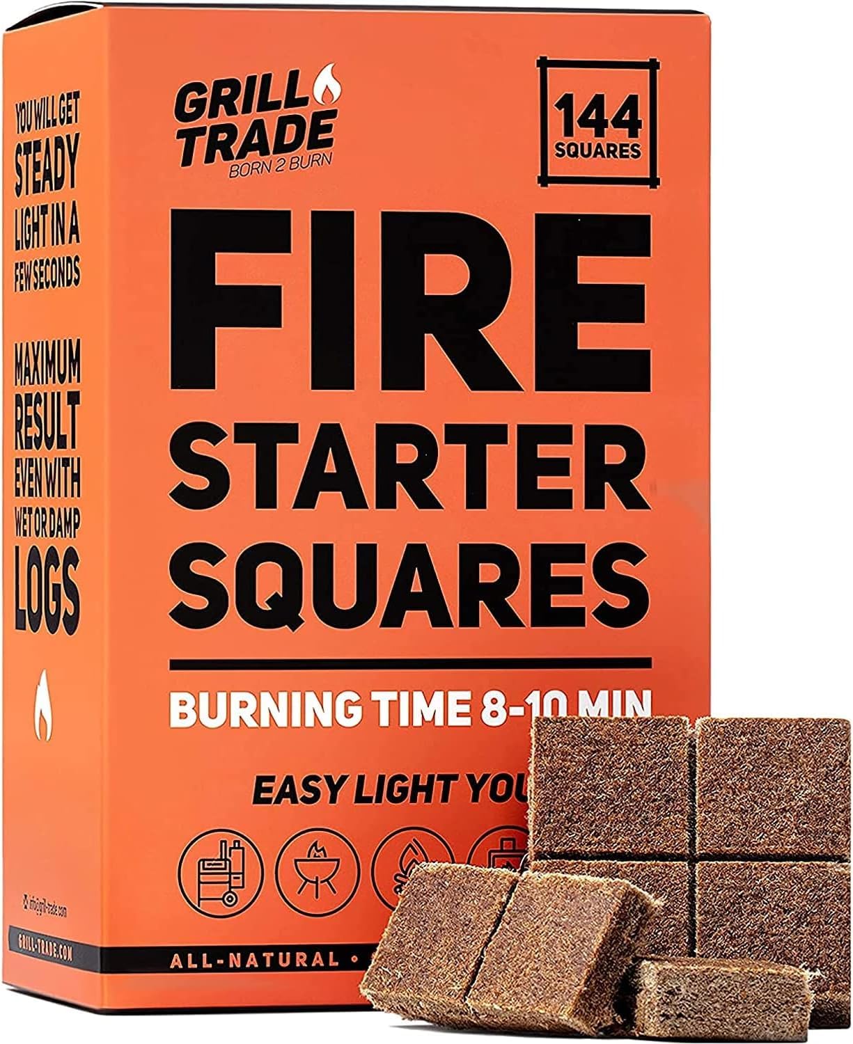 Grill Trade Fire Starter Squares 144, Easy Burn your BBQ Grill, Camping Fire, Wood Stove, Smoker Pellets, Lump Charcoal, Fireplace - Fire Cubes are the Best Barbeque Accessories - 100% All Natural