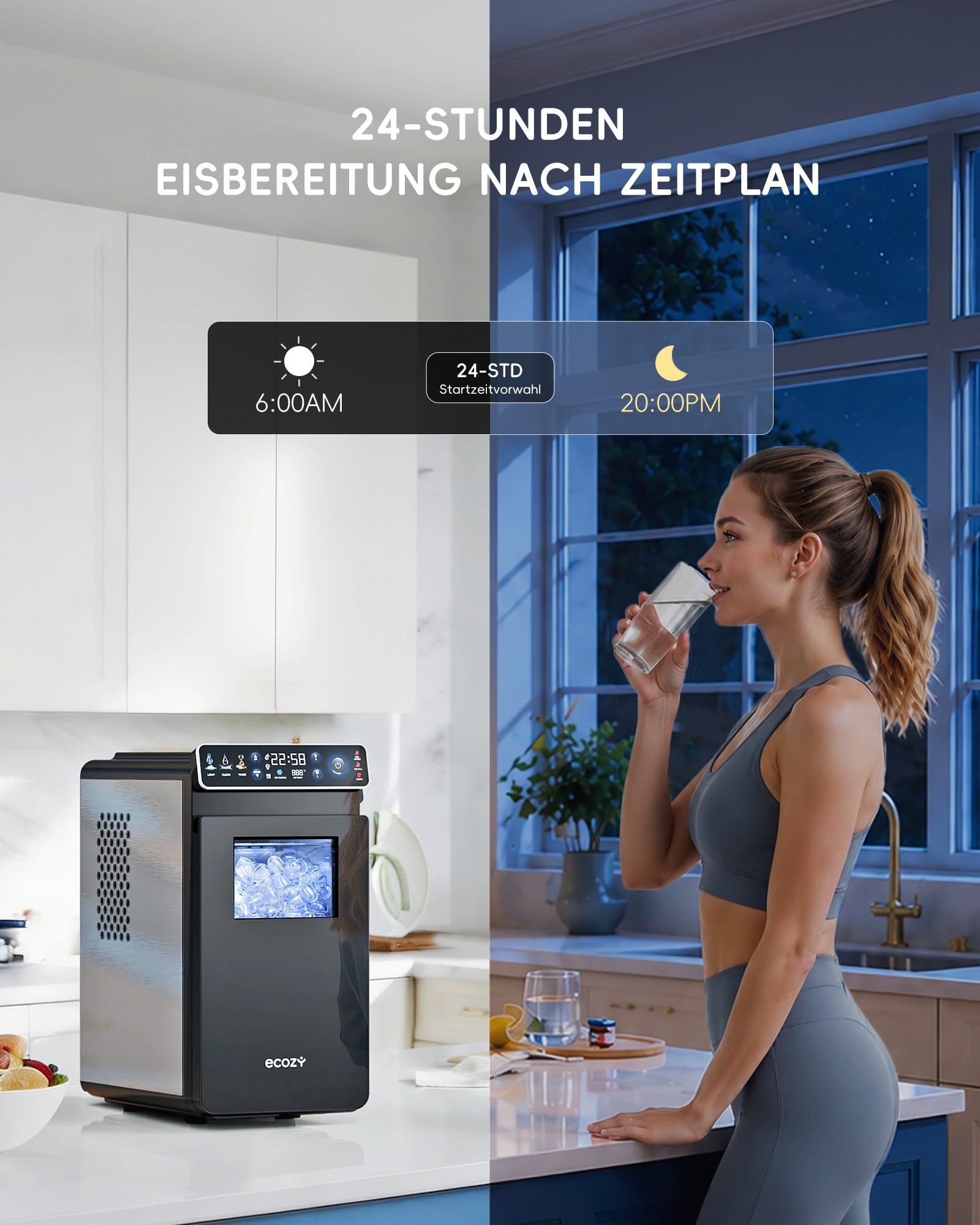 ecozy Eiswürfelmaschine Klein, Tragbar und Kompakt mit Farbdisplay, 24-Stunden-Timer, 12 KG/24H, Eiswürfel in 6 Minuten, 2 Eiswürfelgrößen, Selbstreinigende Ice Maker, Ideal für Küche, Büro, Partys