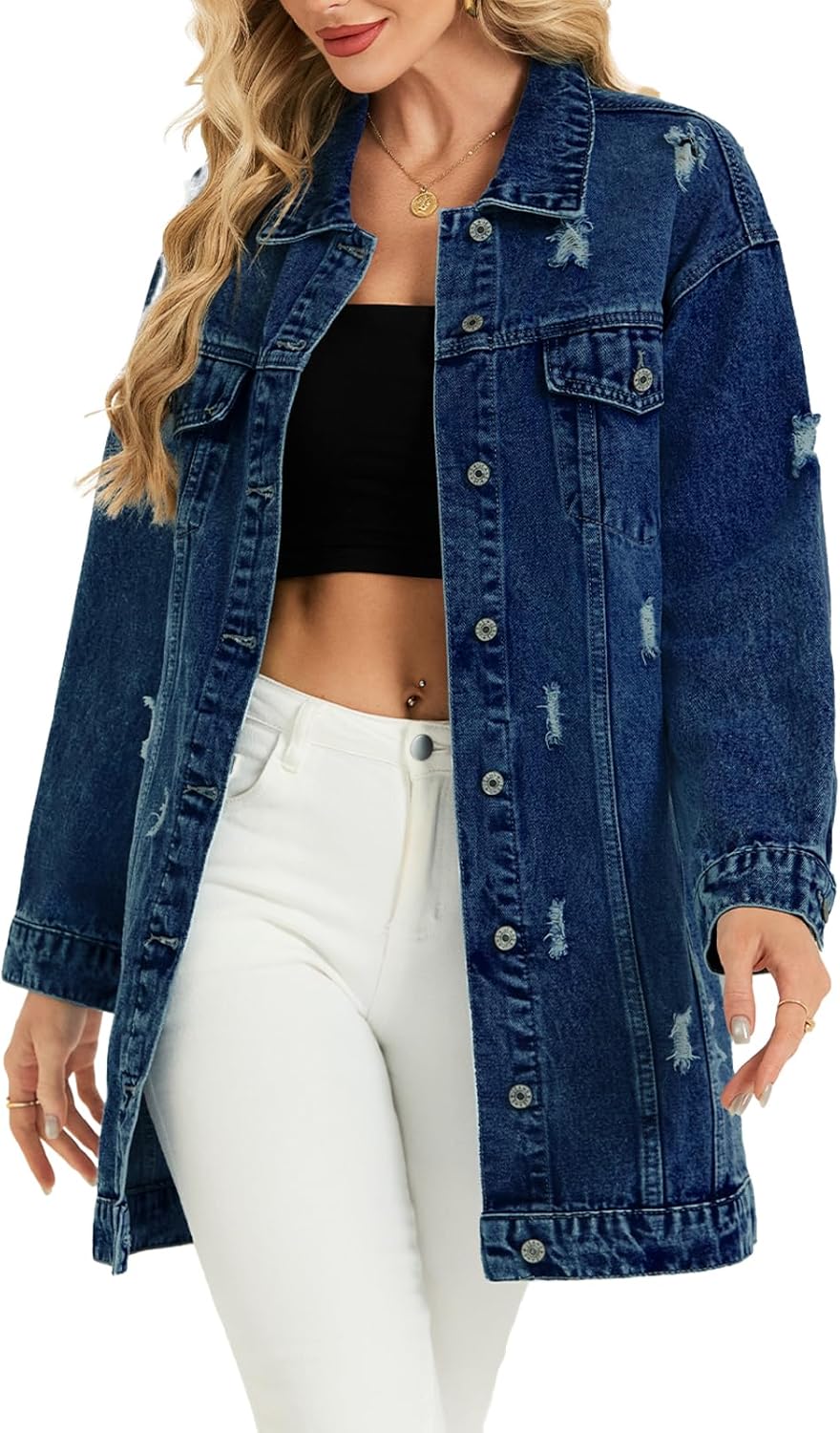 LifeShe Long Denim Jacket Women Oversized Distressed Midi Jean Jackets Fall Loose Trench Coat Trendy - Image 4