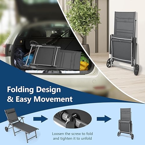 Miniatura 8 de Giantex Chaise Lounge - Silla de exterior plegable para patio con ruedas, 7 niveles ajustables, marco de aluminio resistente, almohada para