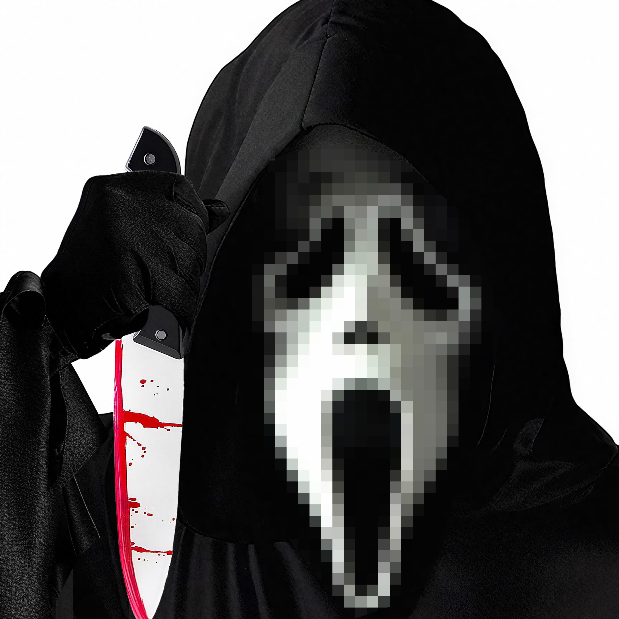 JOYTIX®Máscara de Ghostface Scream con Capucha y Cuchillo Sangriento - Disfraz de Terror Halloween de EV con Guantes Elásticos para Adultos - Accesorio para Noches de Horror