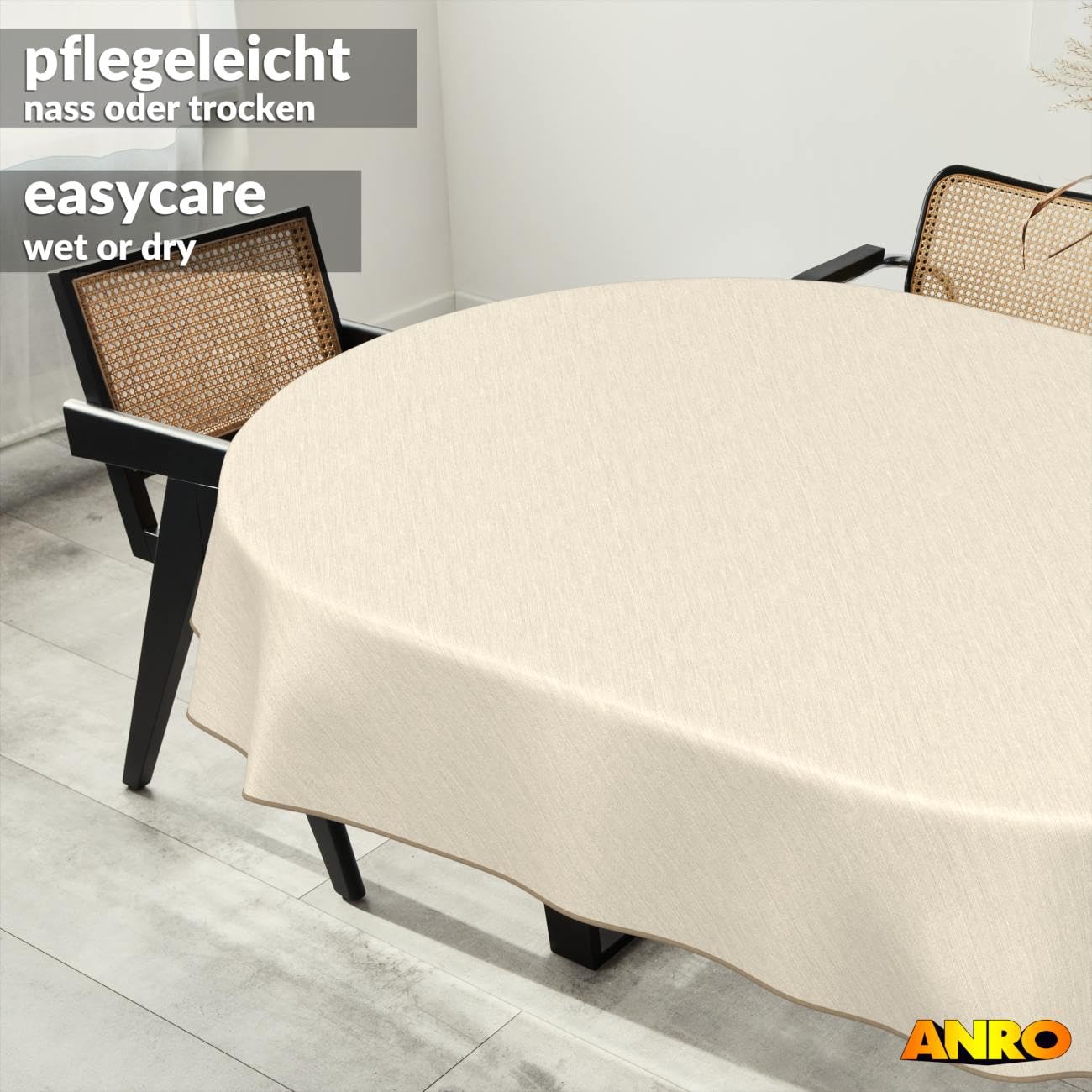 Nappe de Table en Toile cirée - Aspect Lin - Facile d'entretien et imperméable - Ovale - 240 x 140 cm - Crème avec Ourlet