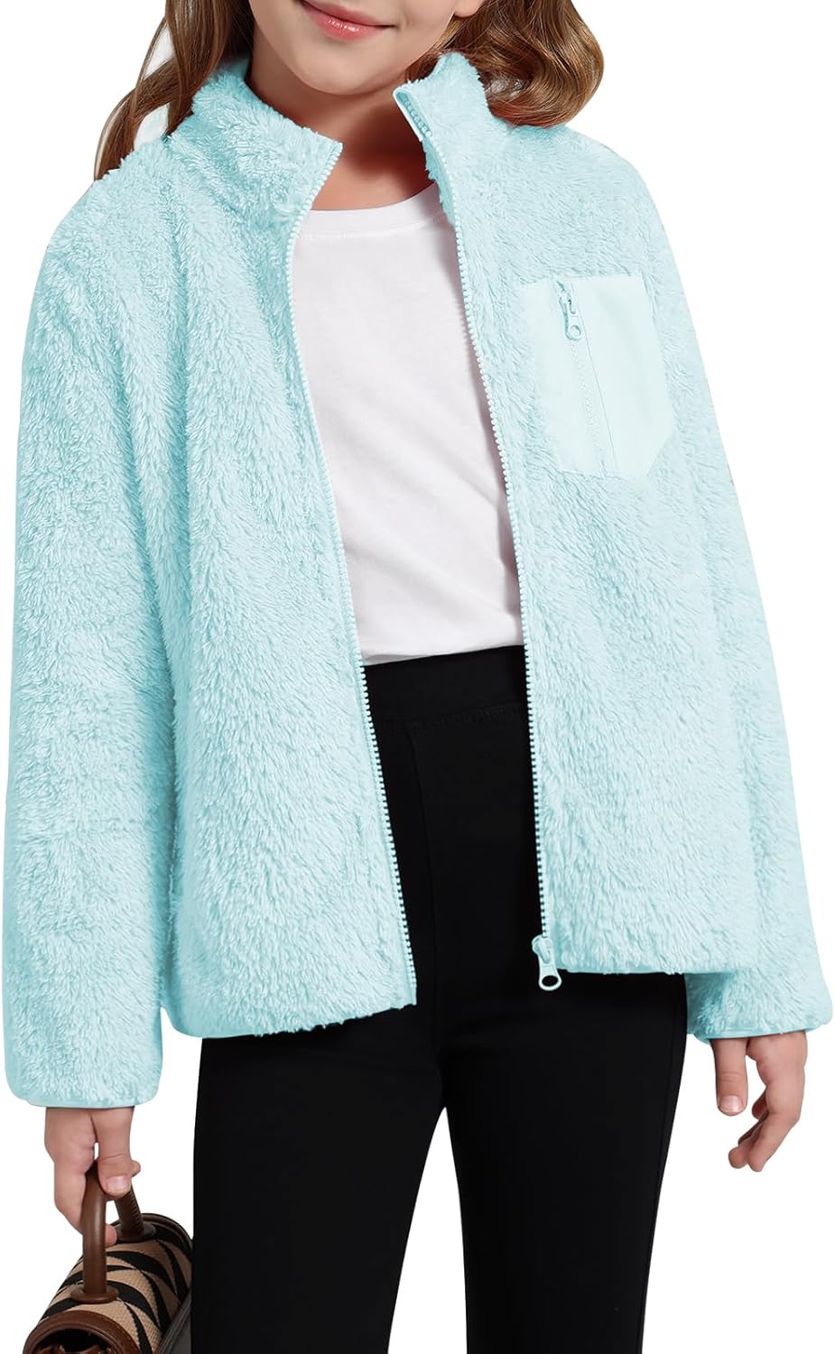 Patgoal Girls Fleece Jacket Zip Up Outerwear Warm Fuzzy Fall Winter Coat with Pocket for Kid Ages 5-14