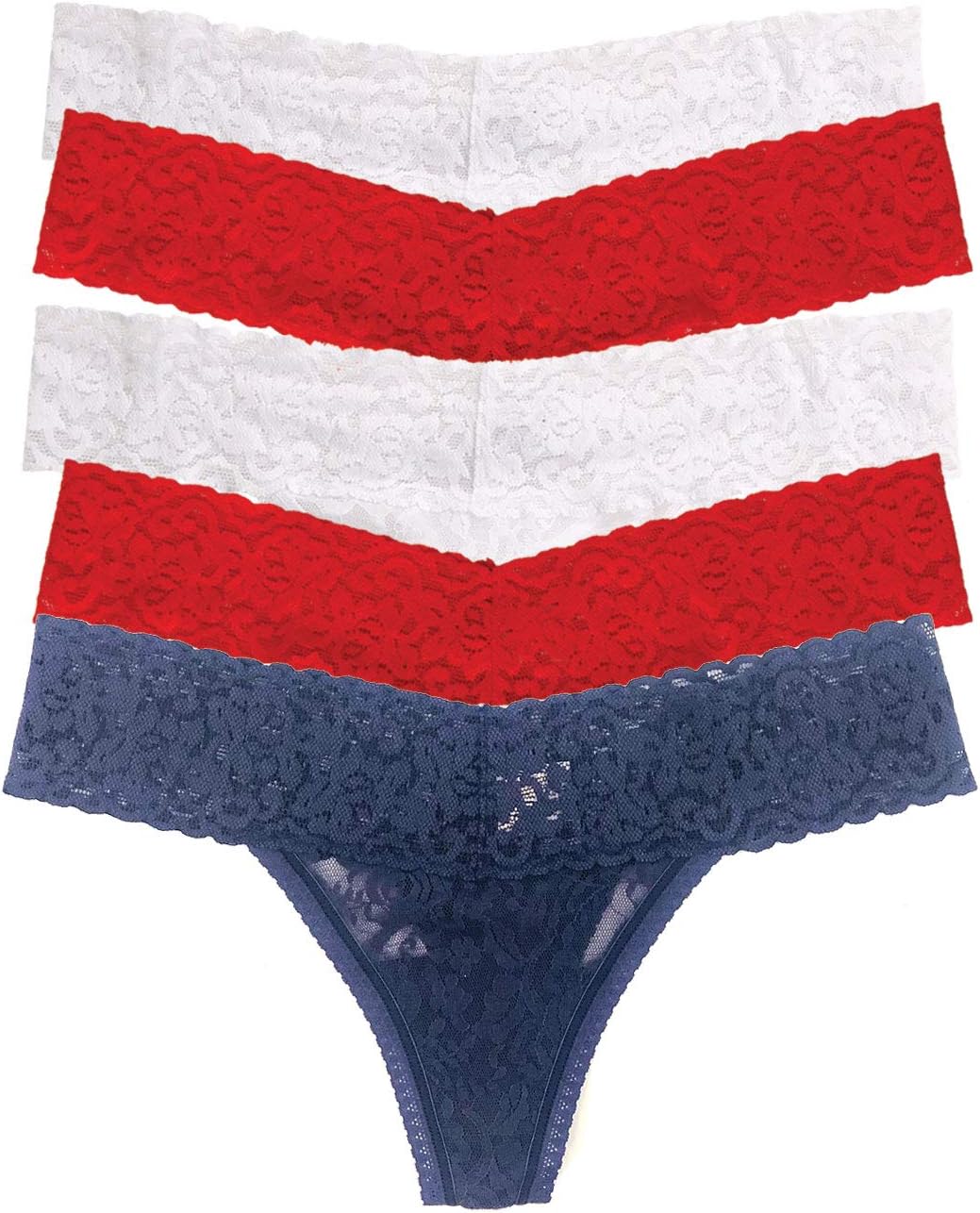Felina| Signature Stretchy Lace Low Rise Thong 5-Pack | Panty (All American, S/M)