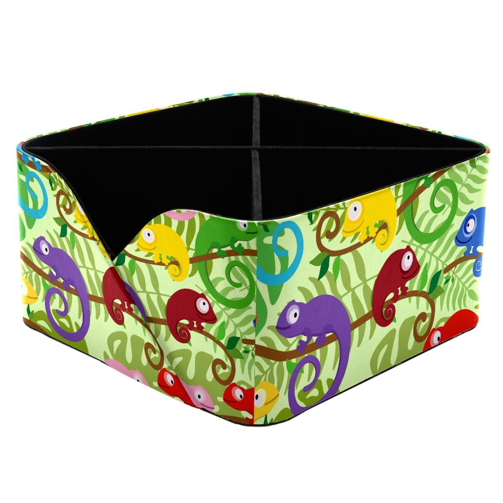 KengjuTesu Colored Chameleons Reptile Lizard Tropical Leaves Pattern Desktop Organizer Pen Holder, Rectangular Pencil Cup for Office, Study and Makeup Stations