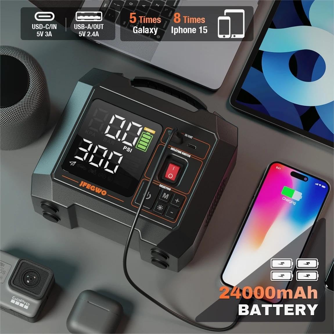 Gonfiatore Pneumatici Auto, 300 PSI Compressore Ad Aria Portatile con Display Digitale E Luce LED, Adattatori Ugelli, Cavo USB, per Pneumatici Da Auto, Biciclette, Barche A Remi