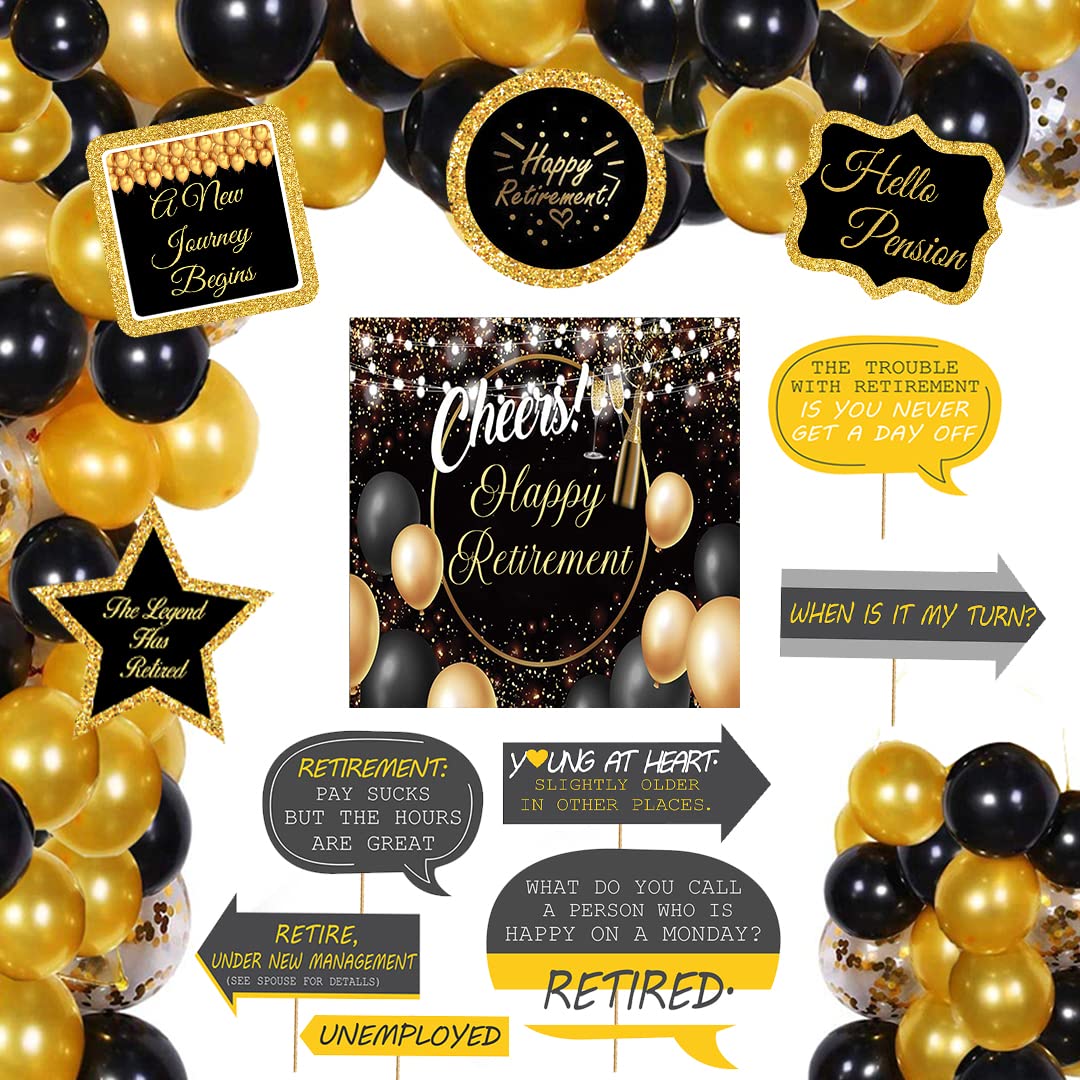 Theme My Party Retirement Party Supplies, Retirement Party Decorations with Happy Retirement Backdrop Balloons with Cutouts and Party Props (Decoration Kit 1)