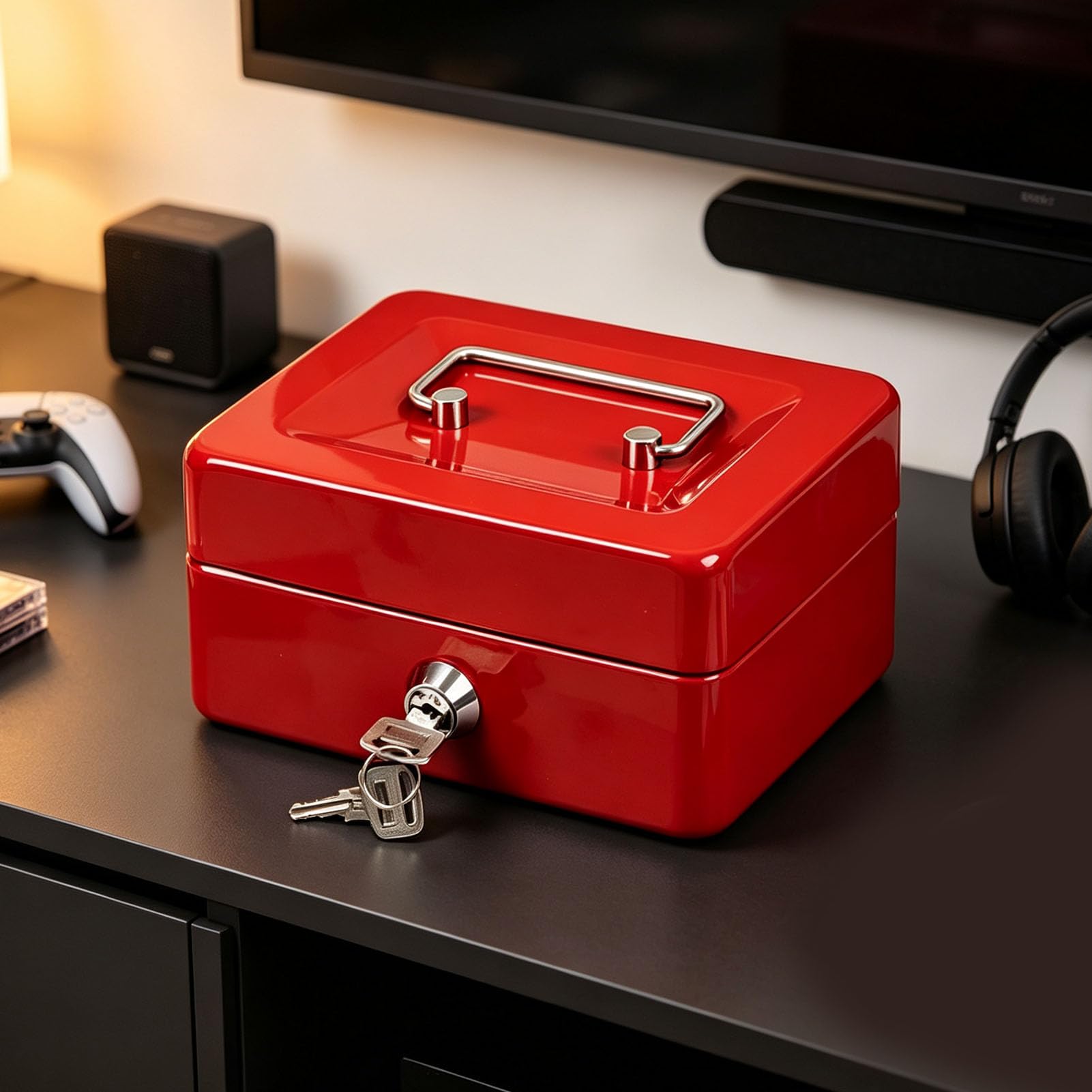Iron Cash Box with Key, Removable Tray for Storage (12 cali) | Wzmocnione żelazo zapewnia trwałość, Mieści dokumenty w formacie A4, Bezpieczny mechanizm zamykający na klucz, Zintegrowany