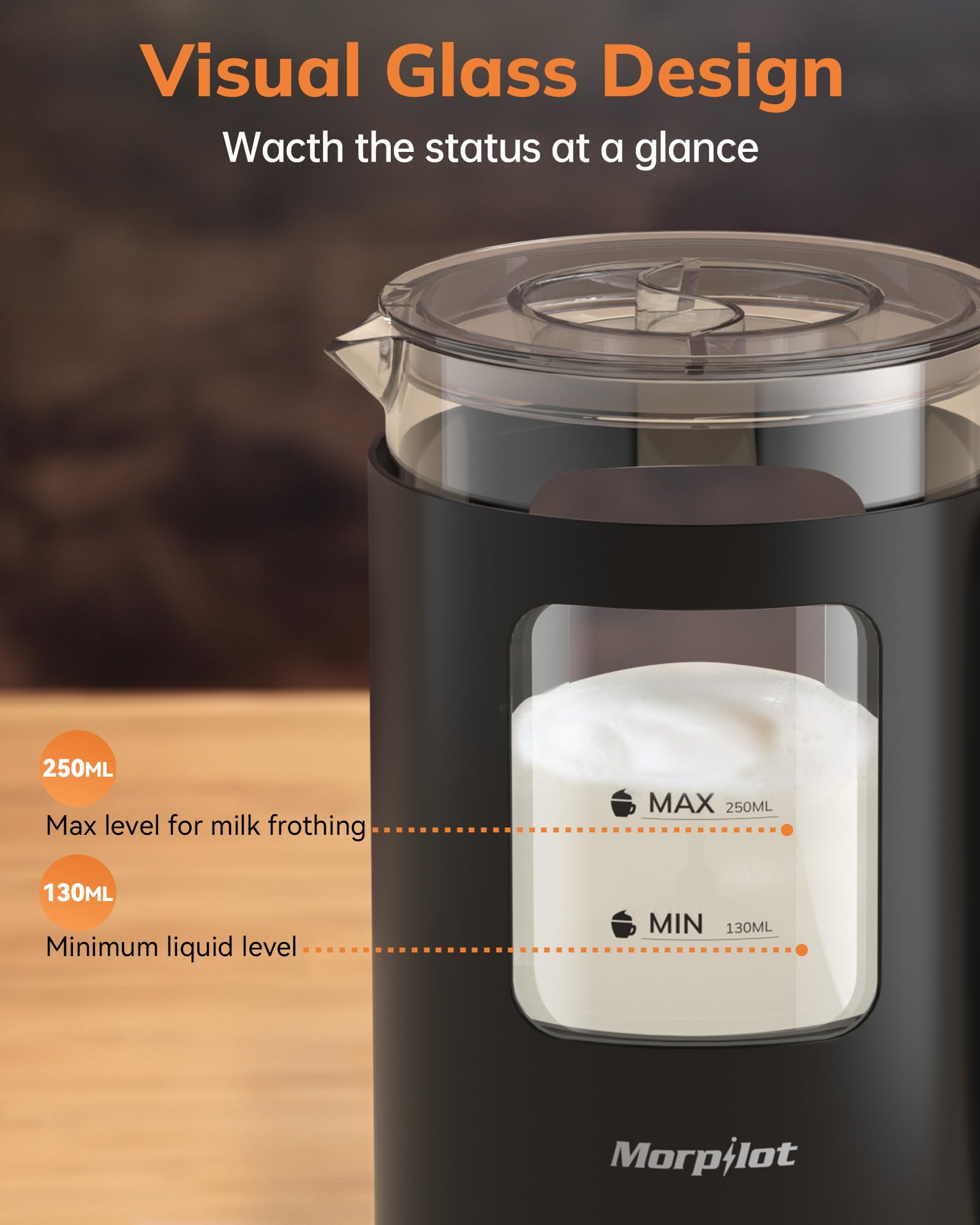 Morpilot Montalatte elettrico, 130-600 ml, 550 W, montalatte 4 in 1, per acqua calda e fredda, vetro visivo, design latte, nero