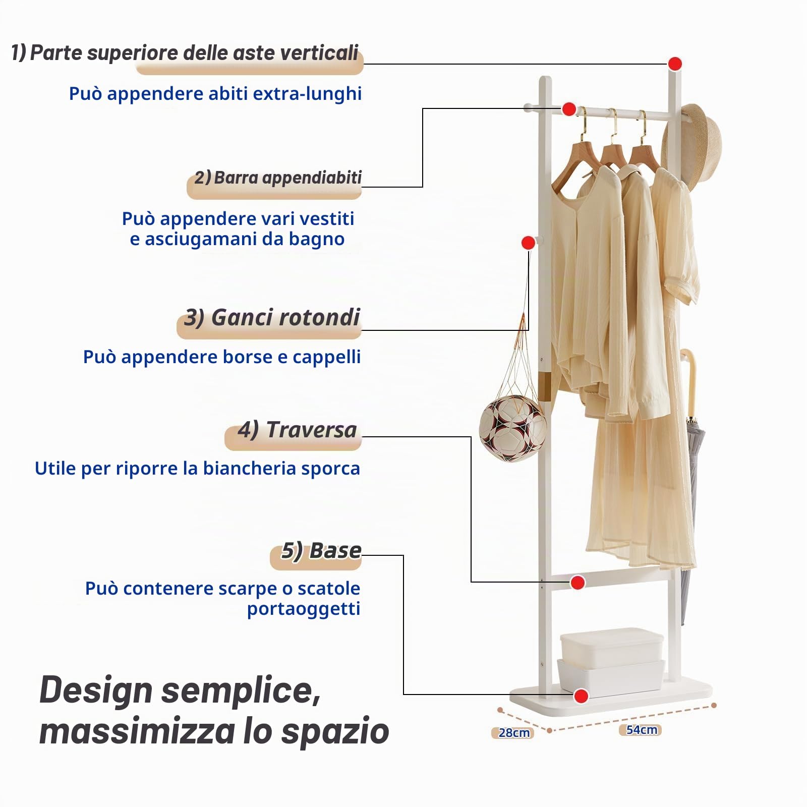 Aibiju Appendiabiti autoportante, con 8 ganci e 3 opzioni di altezza, appendiabiti in legno, adatto per adulti e bambini, per casa, ufficio, ingresso, corridoio (bianco), YD-201
