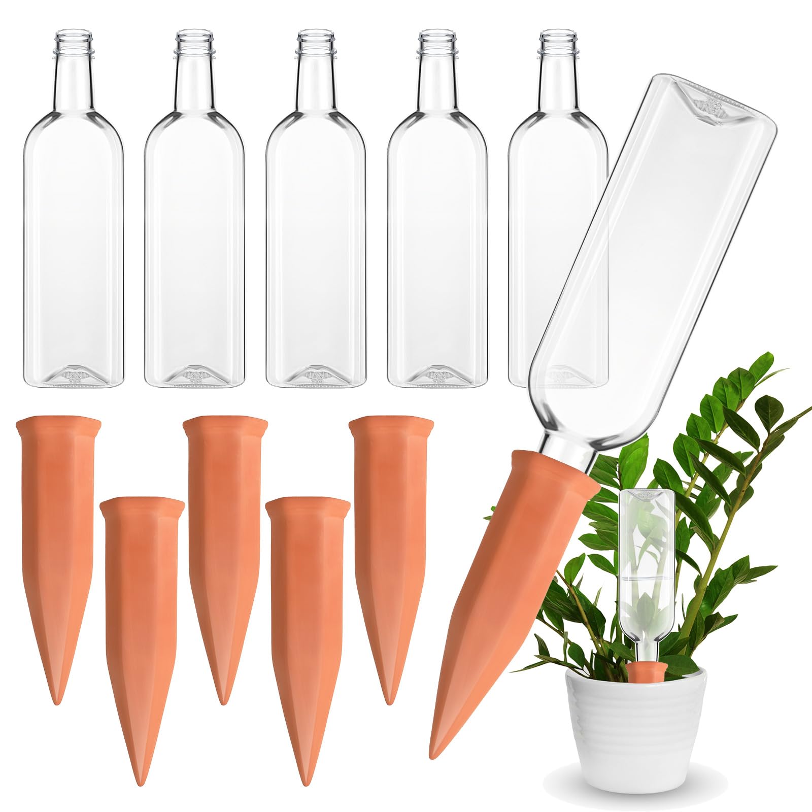 Ziliny 6 Sets Plant Watering Devices 6 Pcs Self Watering Spikes 6 Pcs 25 oz Plastic Bottles Slow Release Automatic Waterer Empty Liquor Bottles Terracotta Spikes for Vacation Plant (Ceramic Color)