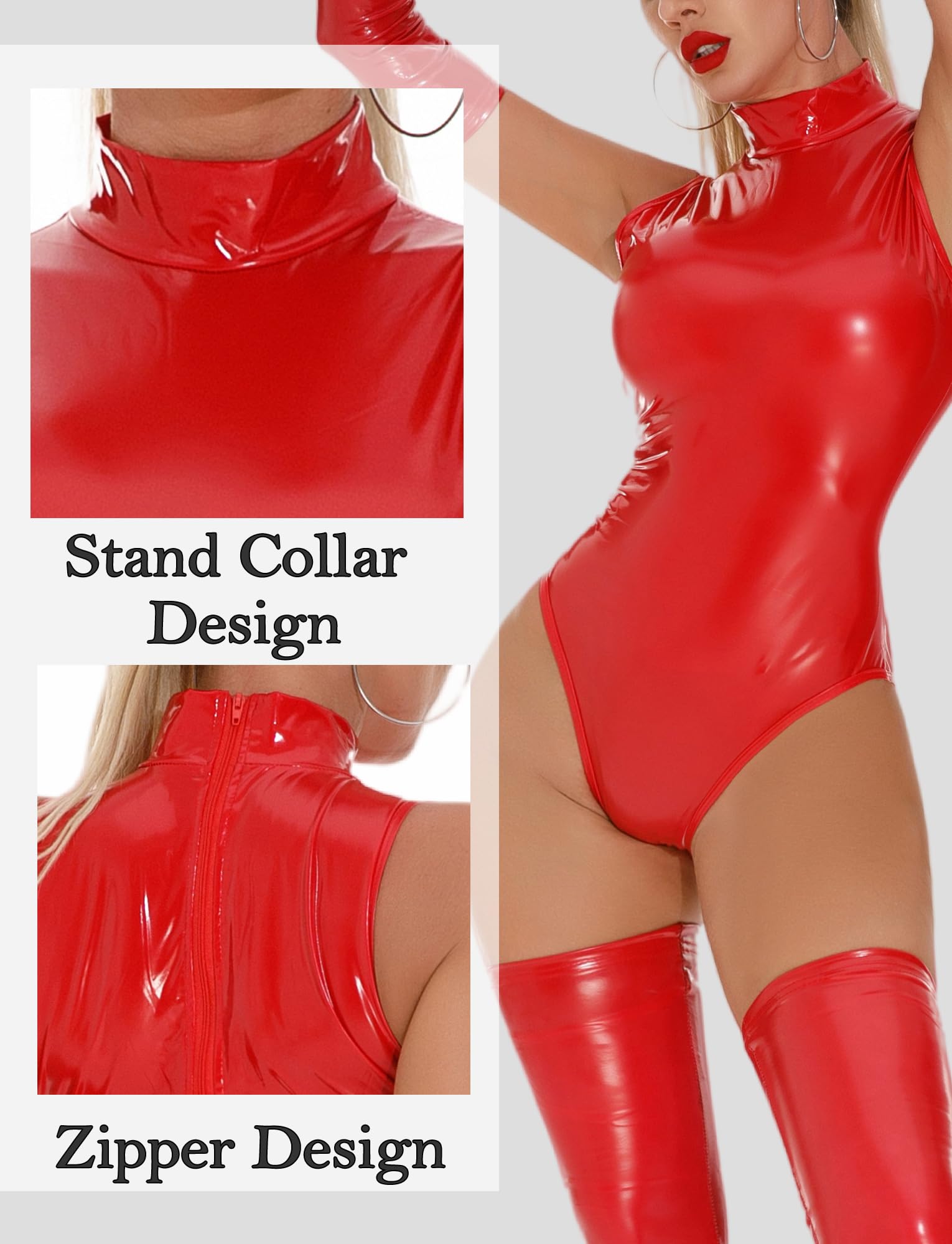 FEOYA Faux Leather Bodysuit for Women Patent Leather Catsuit Lingerie Sleeveless Skinny Bodysuit Cosplay Clubwear: Red X-Small