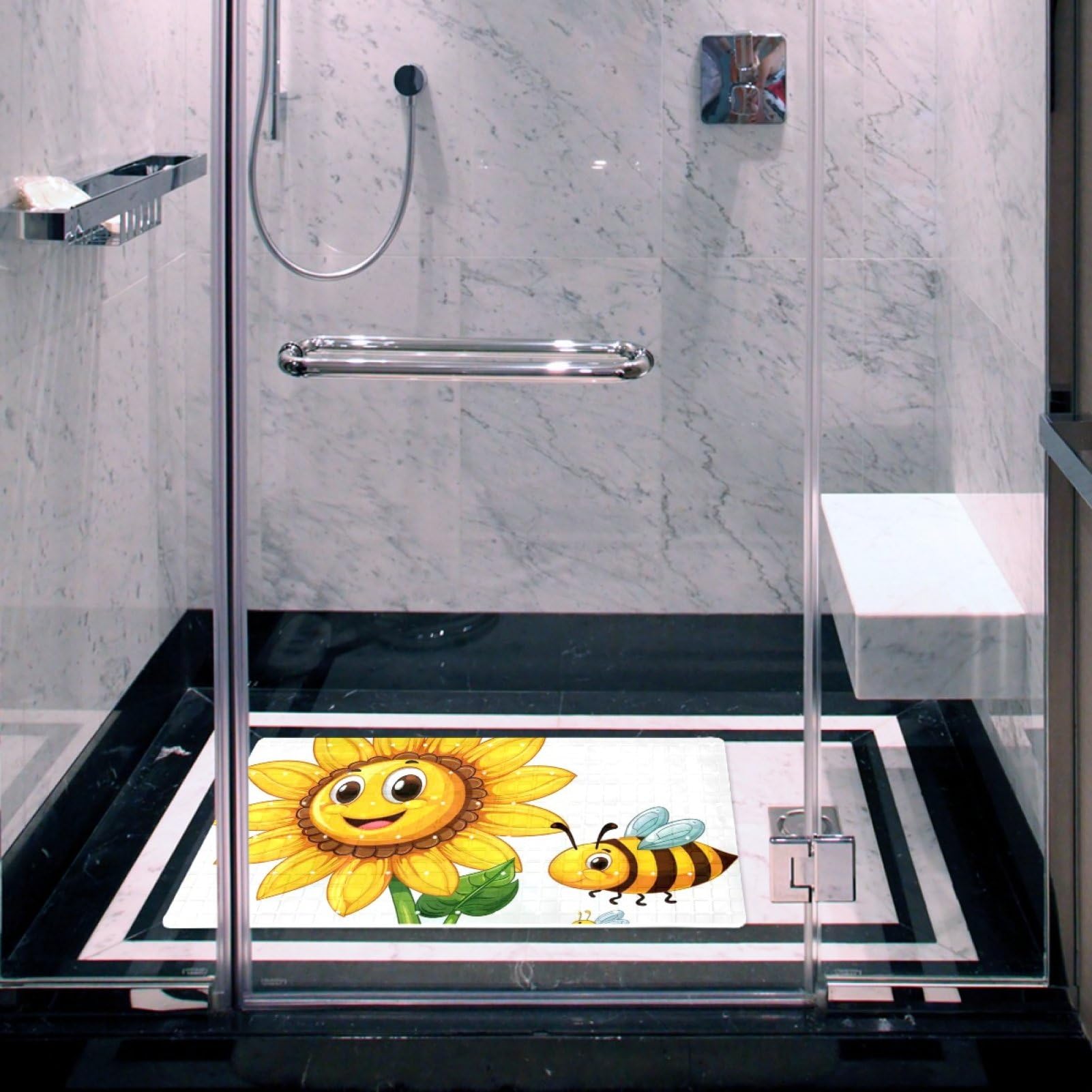 Badematte mit Cartoon-Sonnenblumen-Motiv, Duschmatte für Innendusche, rutschfeste PVC-Badewannenmatten für Badezimmer, nasse Duschbereiche (38,5 x 68 cm)