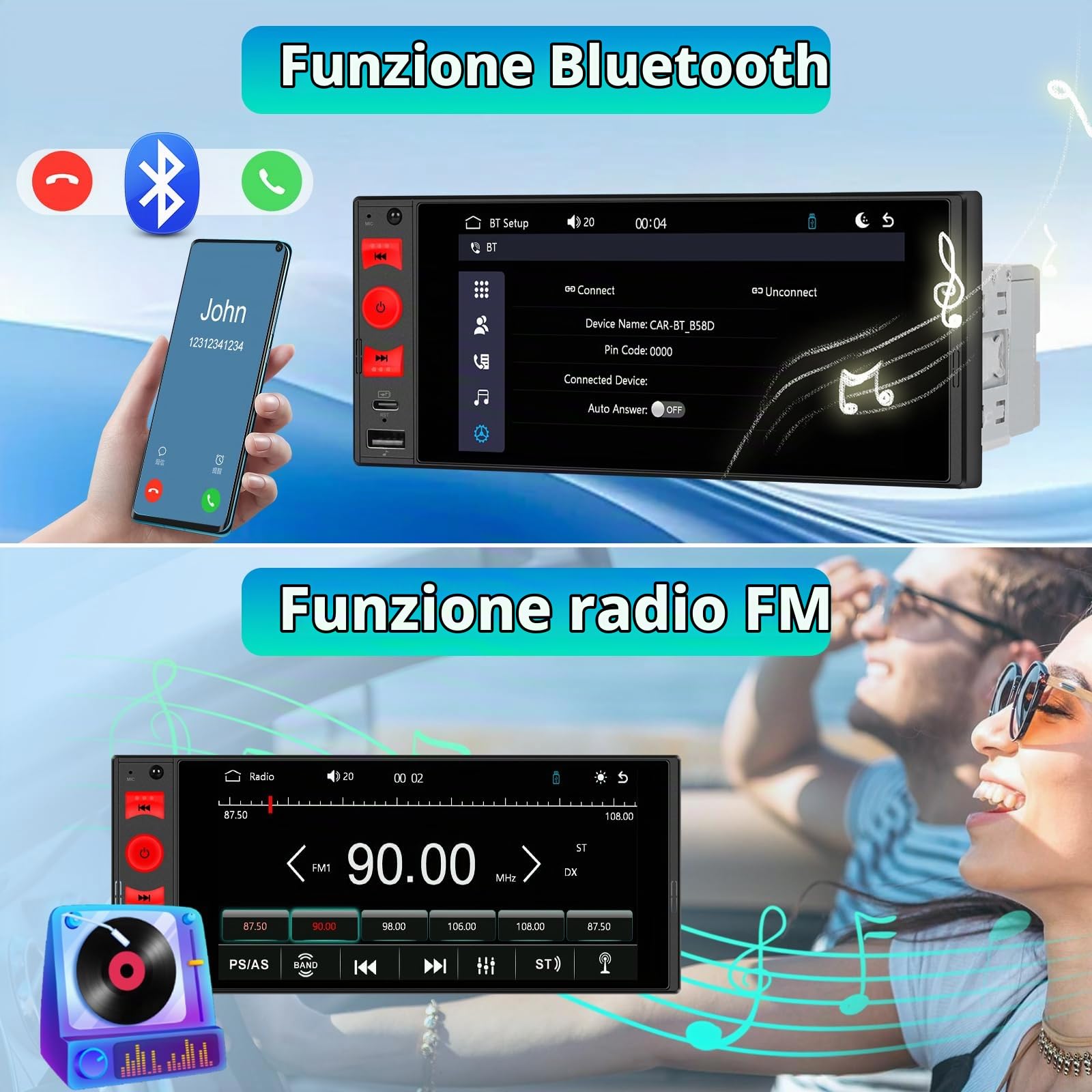 Stereo Auto Bluetooth con Schermo, Wireless Android Auto CarPlay Autoradio 1 Din con HD Touchscreen, Mirror Link, FM, USB/TF/AUX, SWC, Single Din Car Radio & Type-C