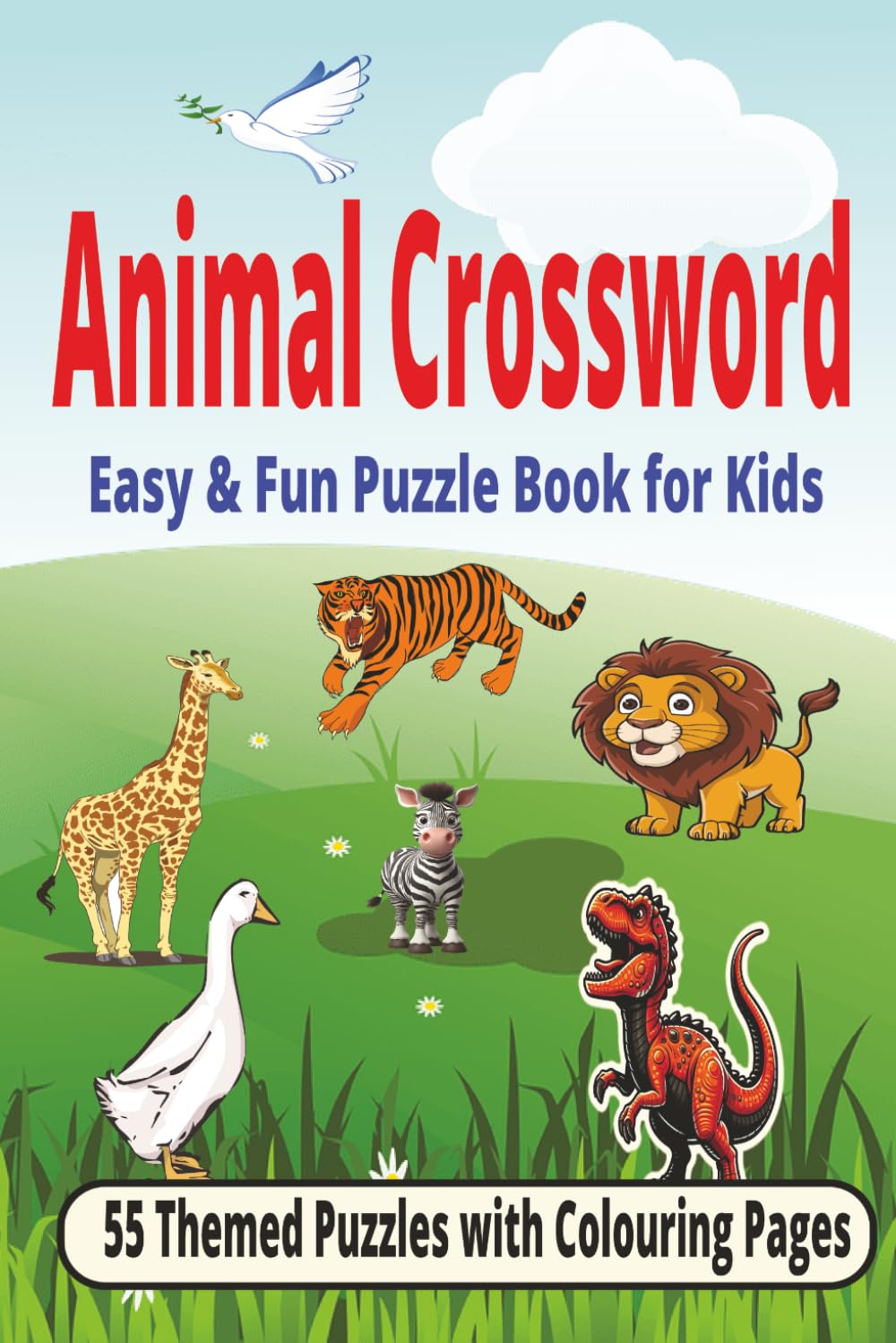 Animal crossword easy & fun puzzle book for kids: 55 themed puzzles with coloring pages | each puzzle has animal picture to color | large print crossword | 6x9 inches, 121 pages | 55 puzzles
