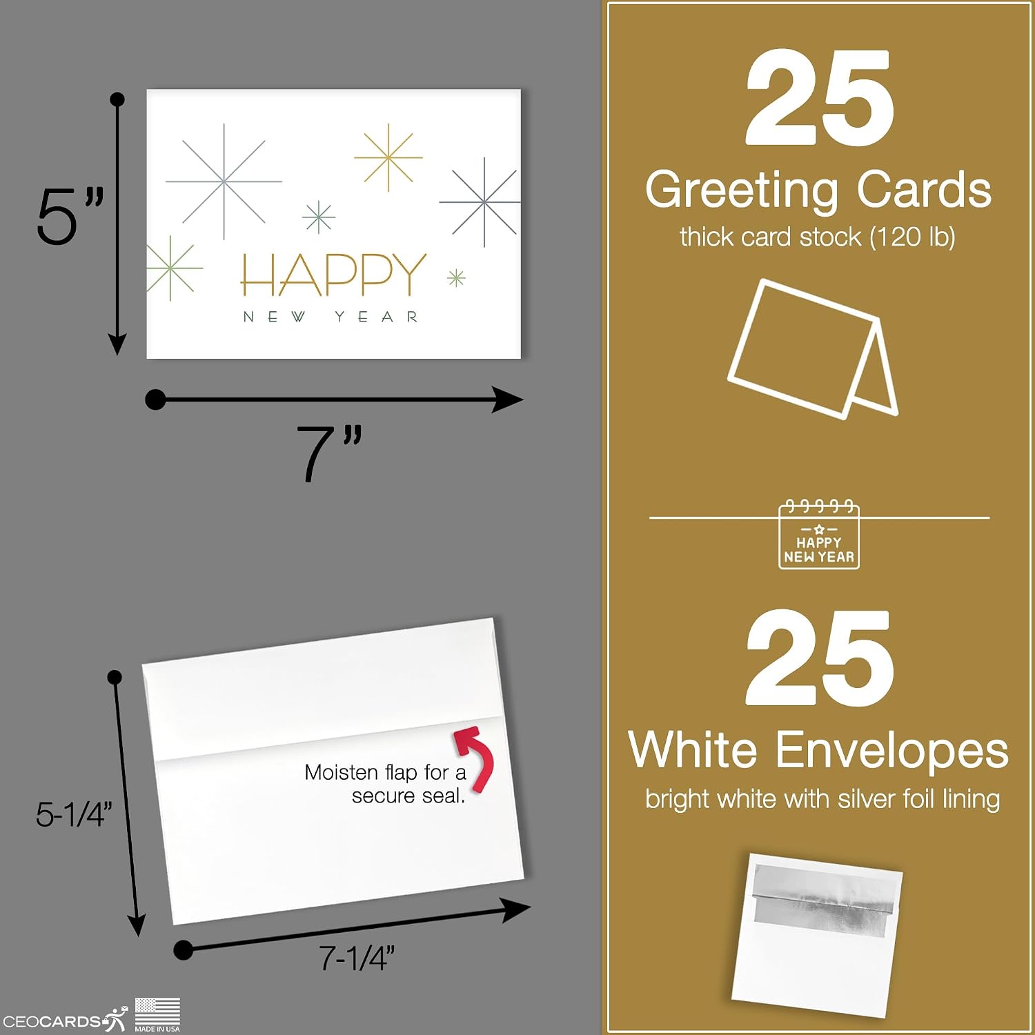 Happy New Years Cards with Silver Foil Envelopes for Business & Family (New Gatsby) 25 Pack Bulk Greeting Card 2026 New Year Set (5x7 inch) Office, Work Employees & Clients (N2415) Made in USA