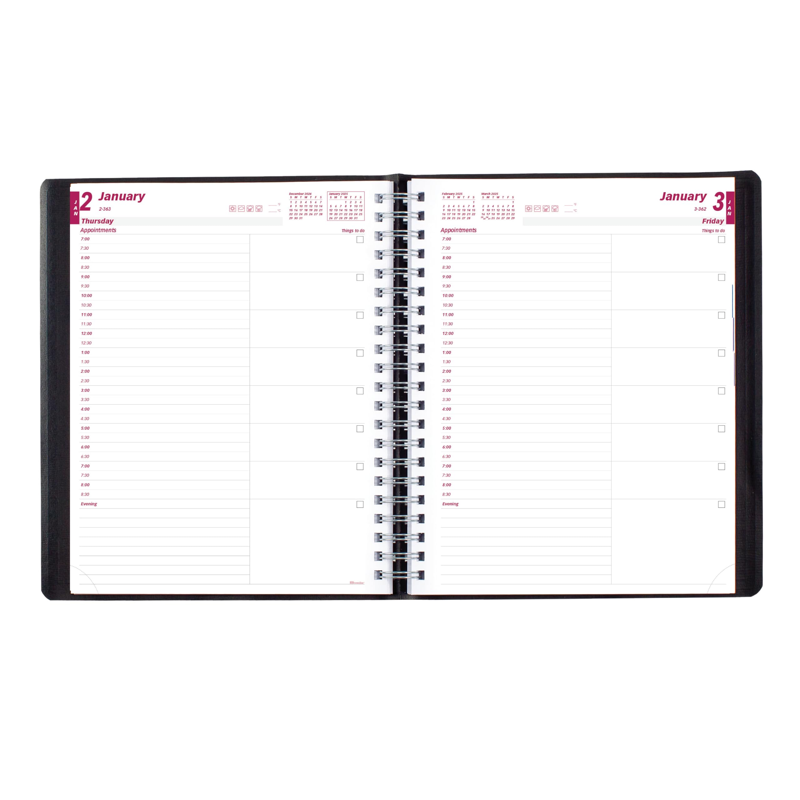 Brownline Agenda giornaliera essenziale 2025, agenda da 12 mesi, da gennaio a dicembre, rilegatura a doppio filo, 28 x 21,5 cm, nero (CB965.BLK-25)