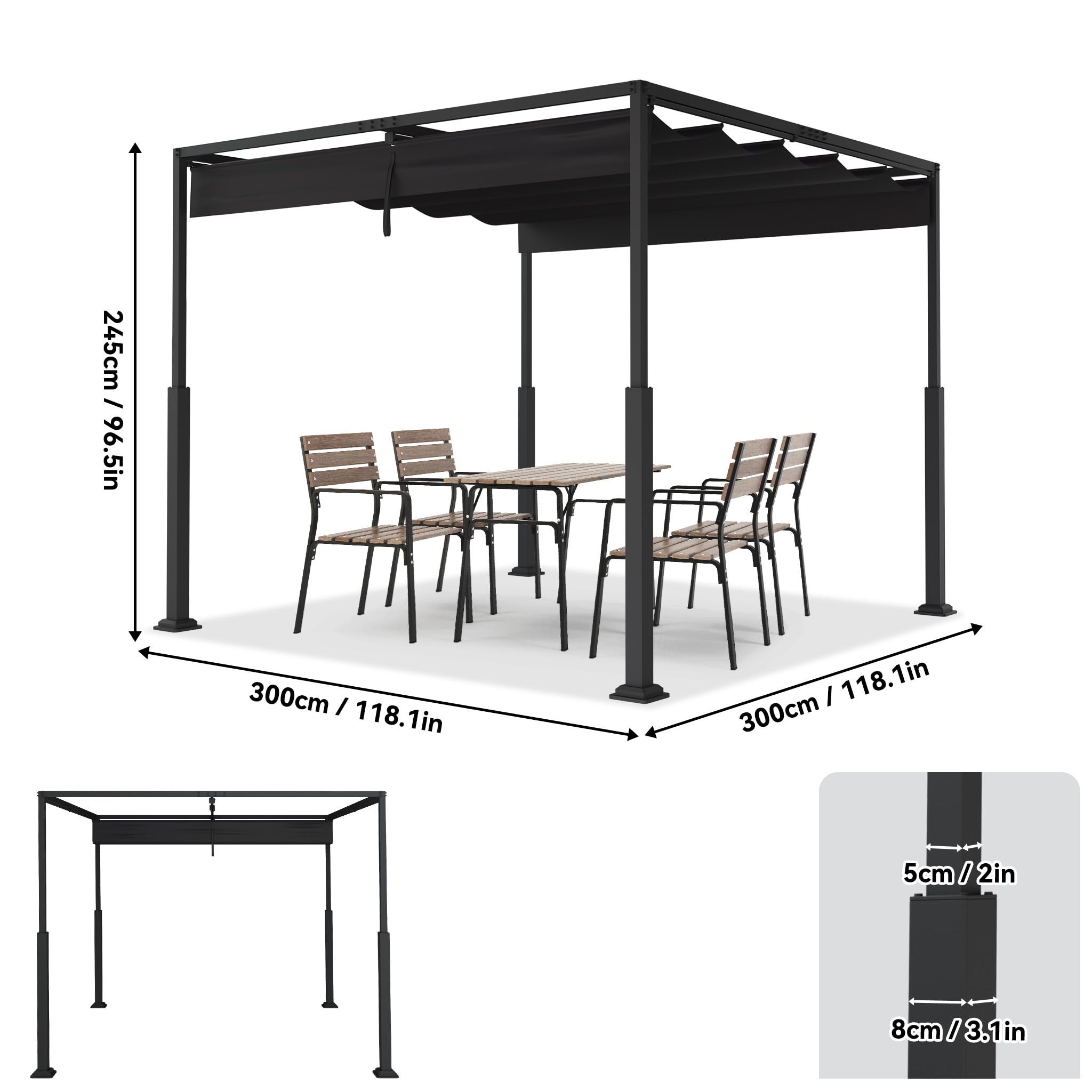 ACXIN Pergola z przesuwnym dachem, zadaszenie tarasu ze stalowej ramy, wodoodporny poliester powlekany PA 160 g, wolnostojący pawilon ogrodowy z regulowaną ochroną przed słońcem (czarna, 3 x 3 m)