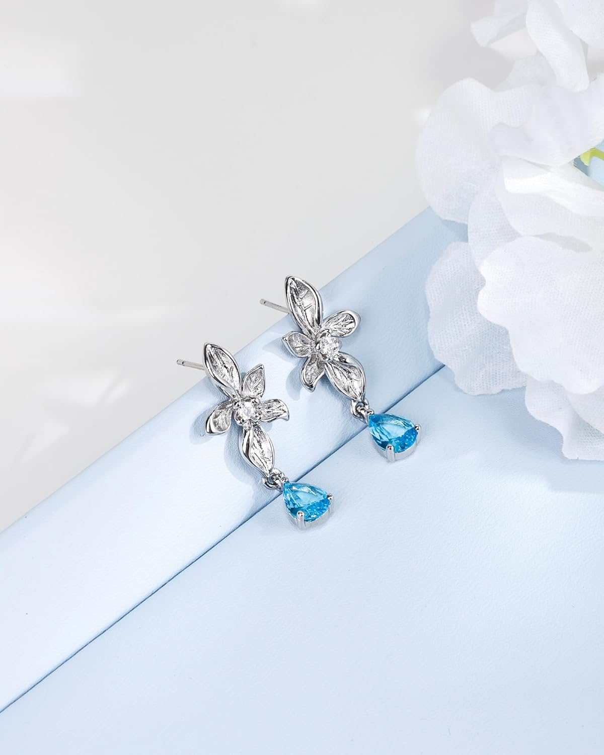 Silver Flower Earrings with Blue Teardrop - Aquamarine Birthstone Dangle Earrings for Women, Floral and Teardrop Design Jewelry for Gift - Image 5