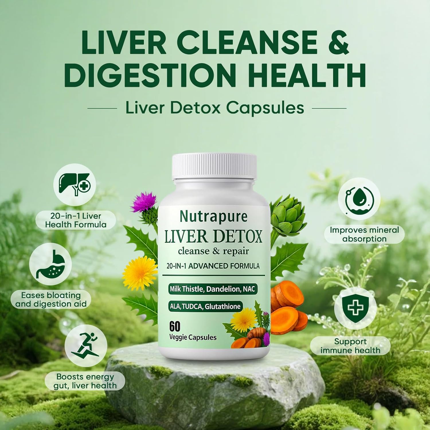 Nutrapure Liver Detox Capsules, 20-in-1 Milk Thistle Liver Detox Supplement, with Dandelion Root, Turmeric, Artichoke Leaf & More, Non-GMO, 60 Vegetarian Capsules (1) - Image 5