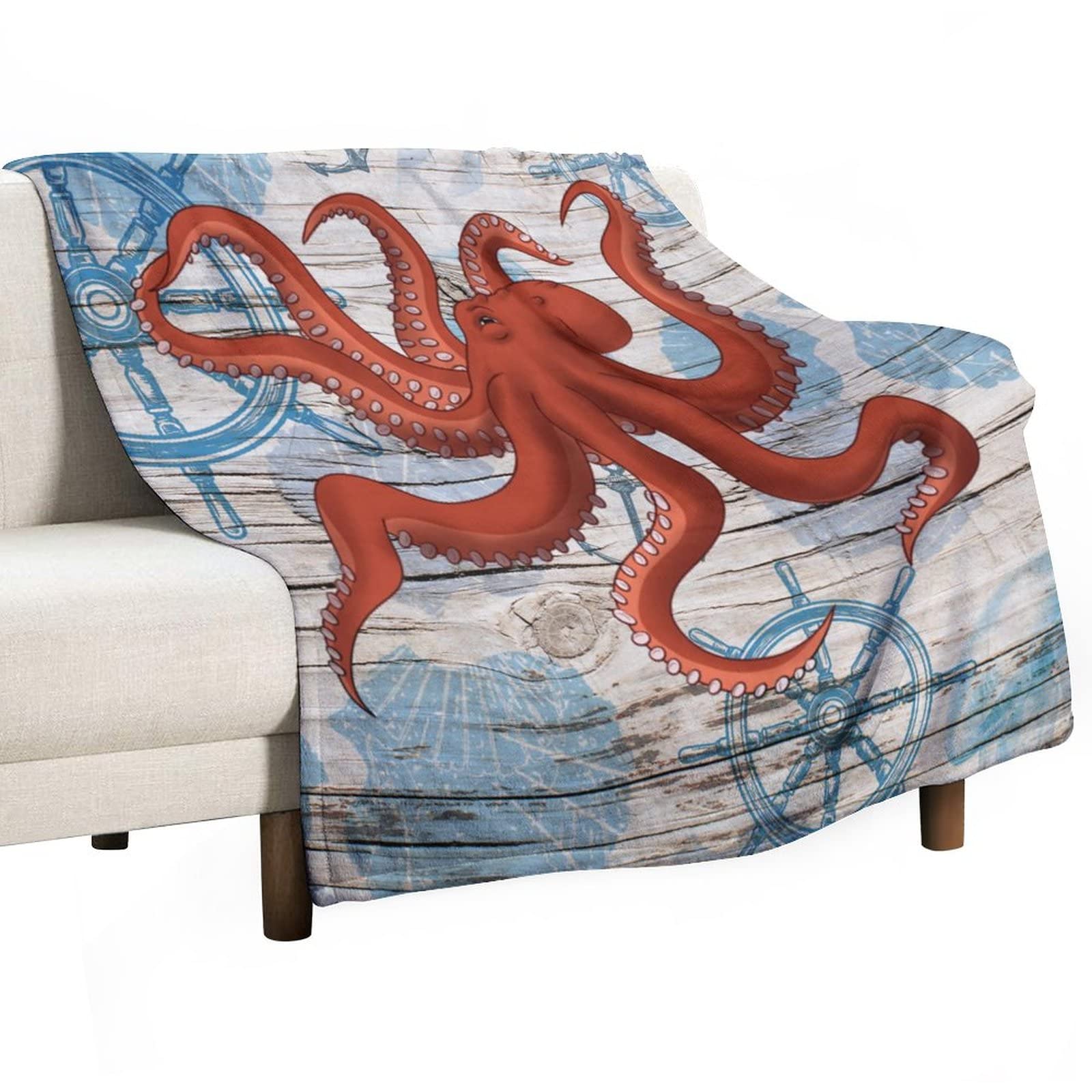 Couverture personnalisée pieuvre en flanelle double face motif mer 130x150cm