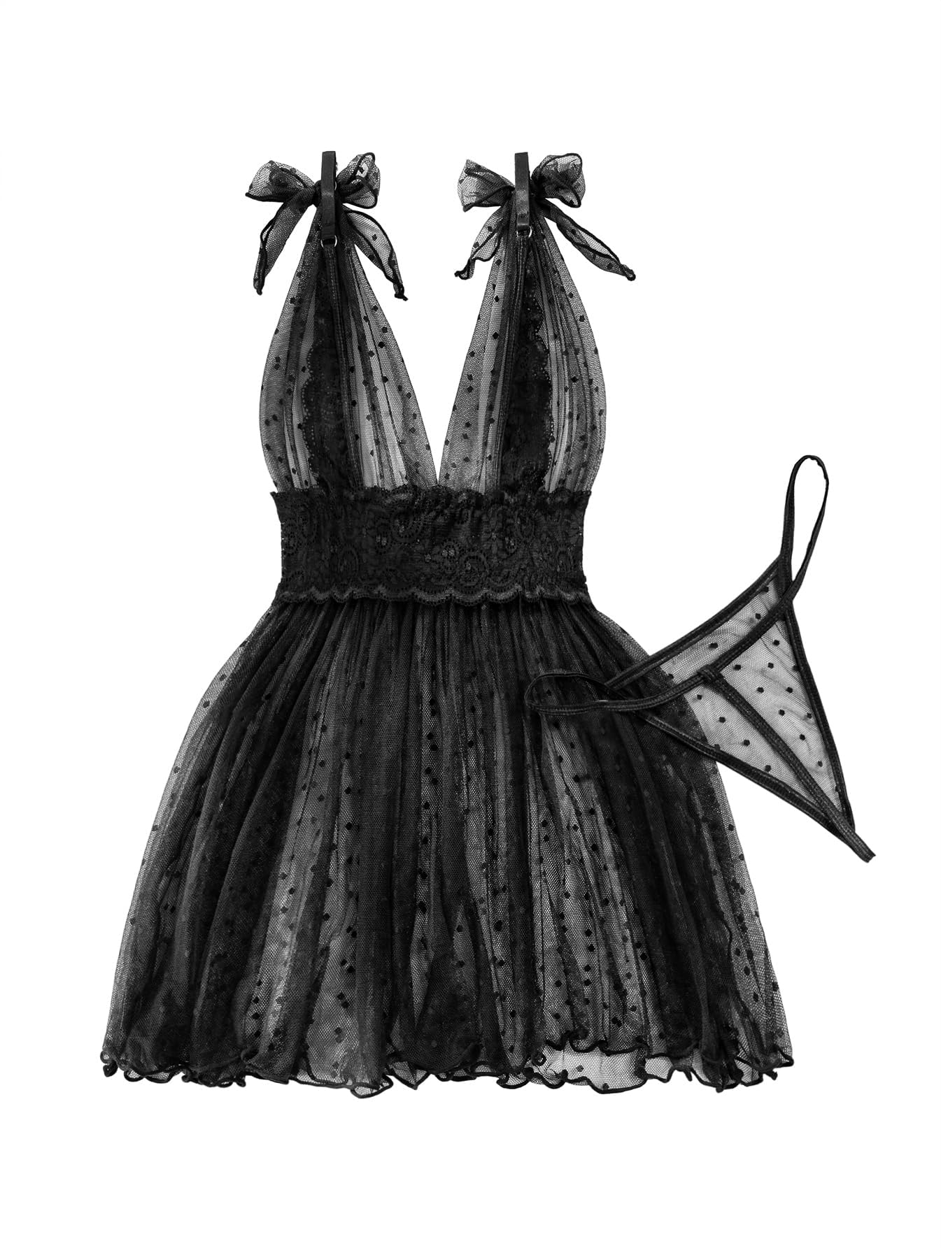 Lilosy Sexy Polka Dots Mesh Sheer Lace Babydoll Chemise Lingerie Set Floral Sleep Wear: 3X-Large Black