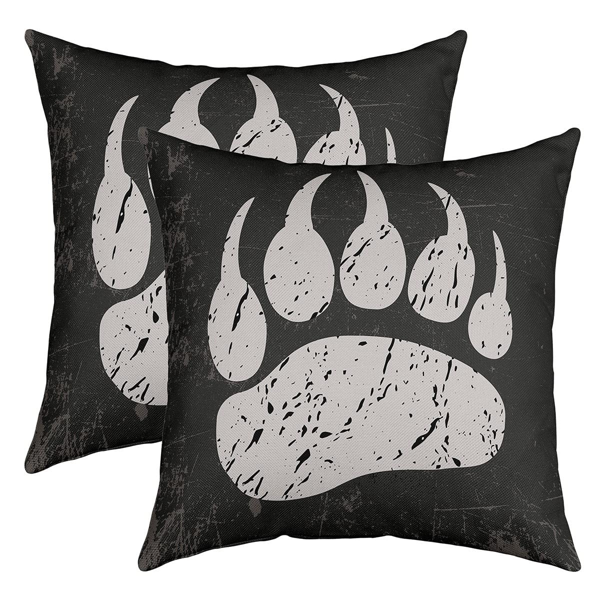 Loussiesd 55x55cm Bear 2pcs Set Cushion Covers Soft Western Farm Bear Paw Print Cushion Hut for Couch Sofa Retro Wild Animals FootPrint Decorative Sofa Cushion Cover Outdoor Cushion Cover