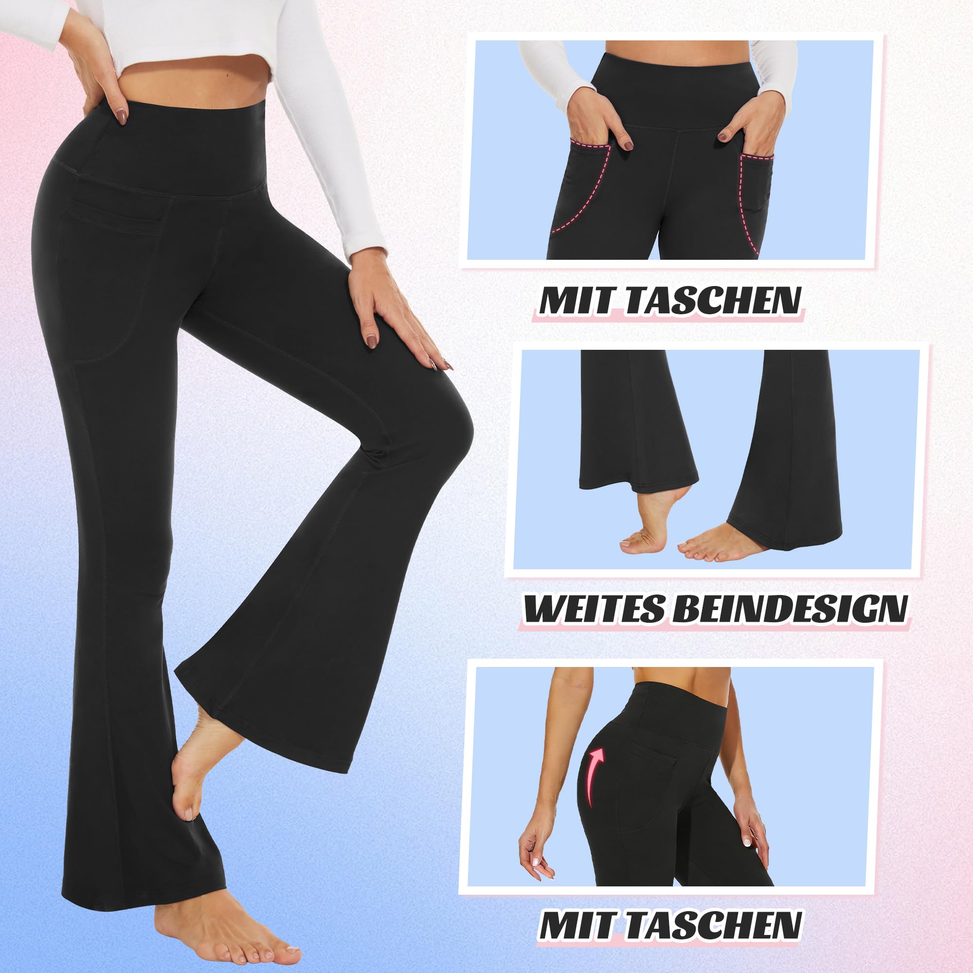 HIPOWER Pantalon de yoga pour femme avec poches, taille haute, large, opaque, coupe bootcut, legging évasé, business