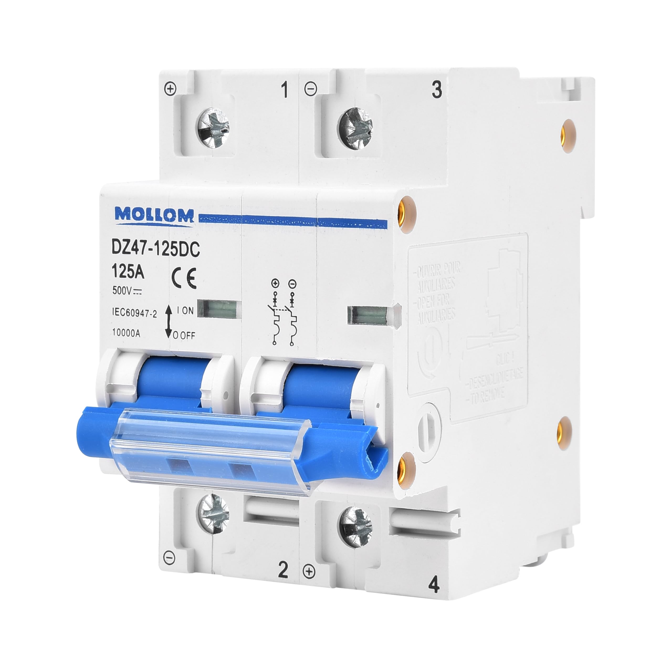 MOLLOM DC 2 Pole Miniature Circuit Breaker, 500V 125Amps, Scene Visualization Custom MCB Thermal Magnetic Trip, 6KA Breaking Capacity DC Disconnect Switch for Solar Photovoltaic System