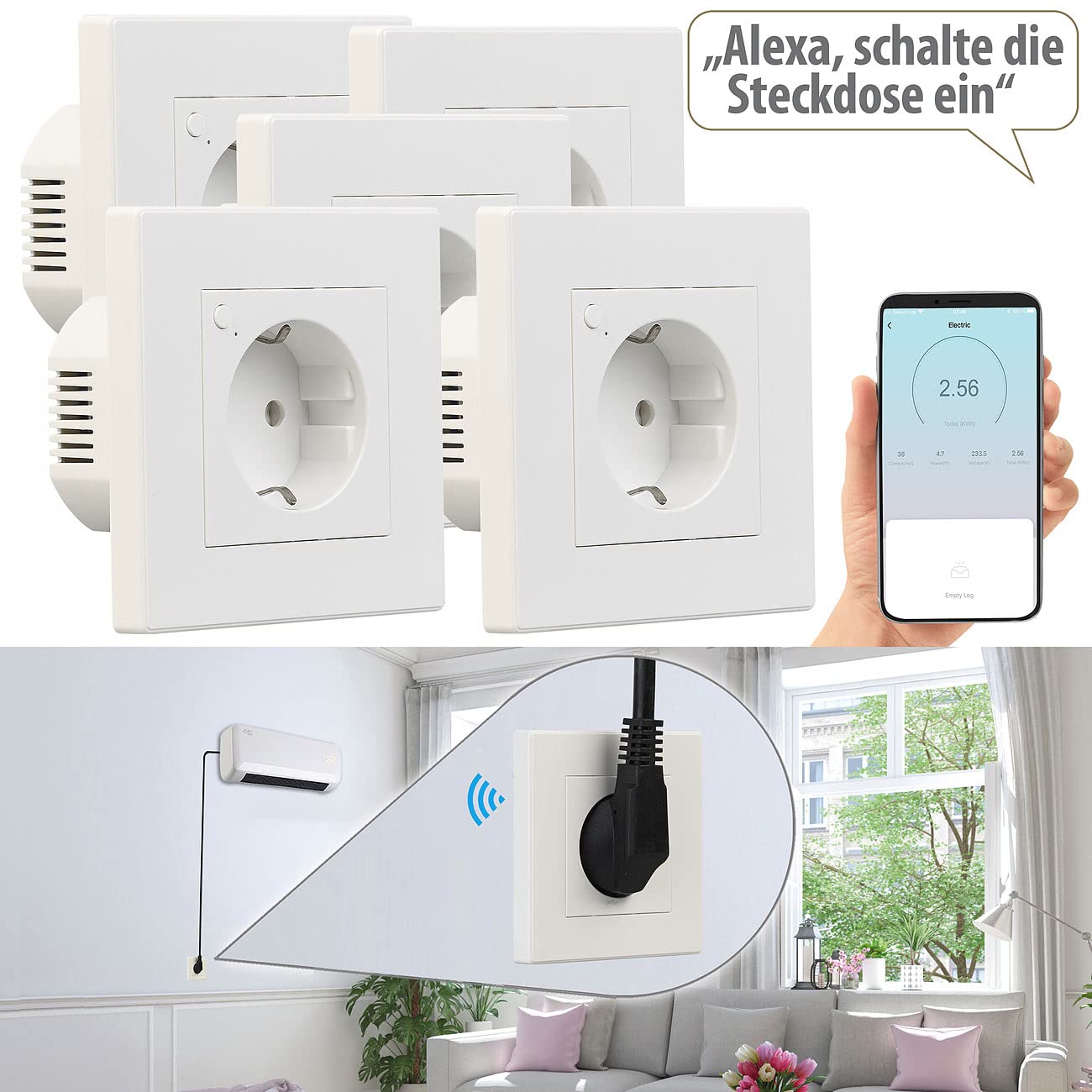 Luminea Home Control Smarthome-Steckdose: 5er-Set WLAN-Unterputz-Steckdosen mit Verbrauch-Messung, App, 3.680 W (Alexa-Steckdose Unterputz, WiFi)