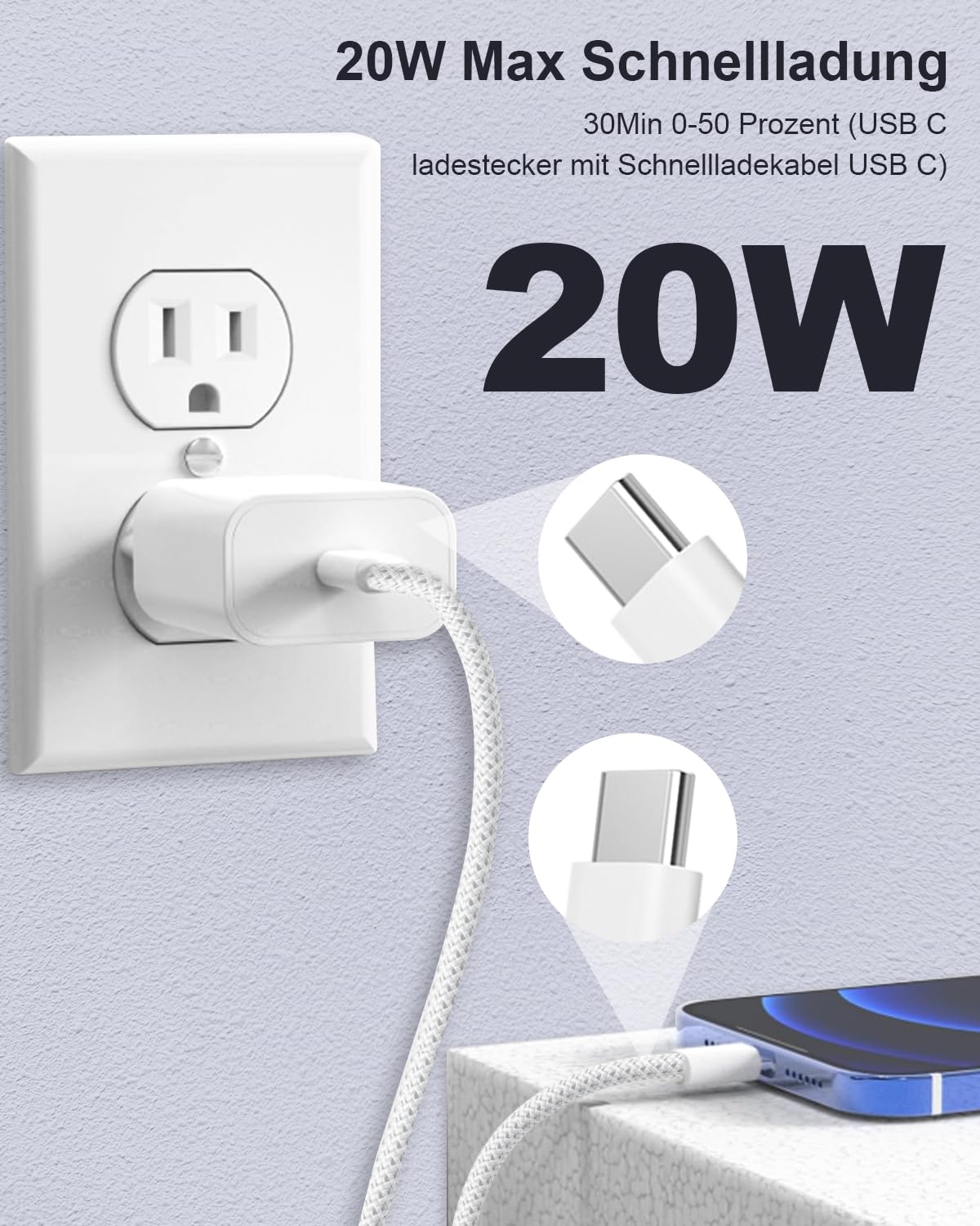 Ładowarka USB C Szybka Ładowarka do iPhone'a 17/Pro Max/17Air,16/16e/15 16 Plus, iPada Air/Mini, ładowarka USB C 20W, Wtyczka ładowarki USBC, Wtyczka ładowarki UsB C, Zasilacz USB c z kablem USBc 3M