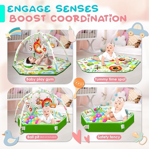 Miniatura 3 de Tapete de juego para bebé, tapete para el tiempo boca abajo con 6 juguetes desmontables, gimnasio de actividades para desarrollo visual, auditivo y