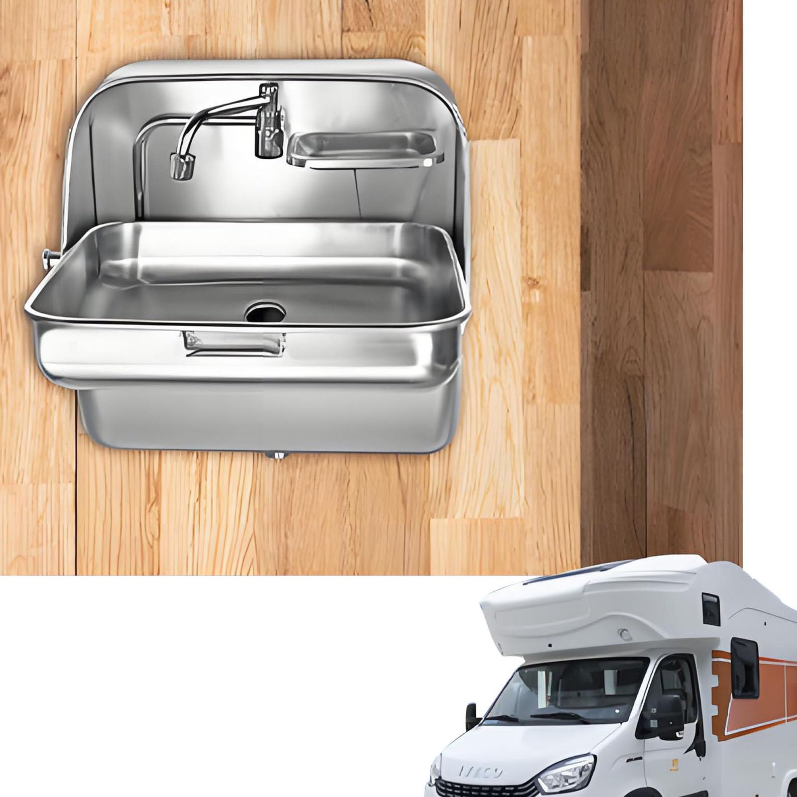 SHENGSHIYU Wall Rv Hand Wash, Stainless Steel Folding Basin Sink with Cold Water Faucet & Shelf, Wall Mount Hand Wash Basin for Rv Caravan, Camper Kitchen & Trailer Bathroom Silver
