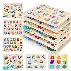 GRINNNIE Wooden Peg Puzzle for Toddlers, 6 Pack Toddler Puzzles Set for 3 4 5 Years Old (Alphabet Number Shape Animal Dinosaur Vehicle), Preschool Education Learning Puzzle Toys for Girls and Boys