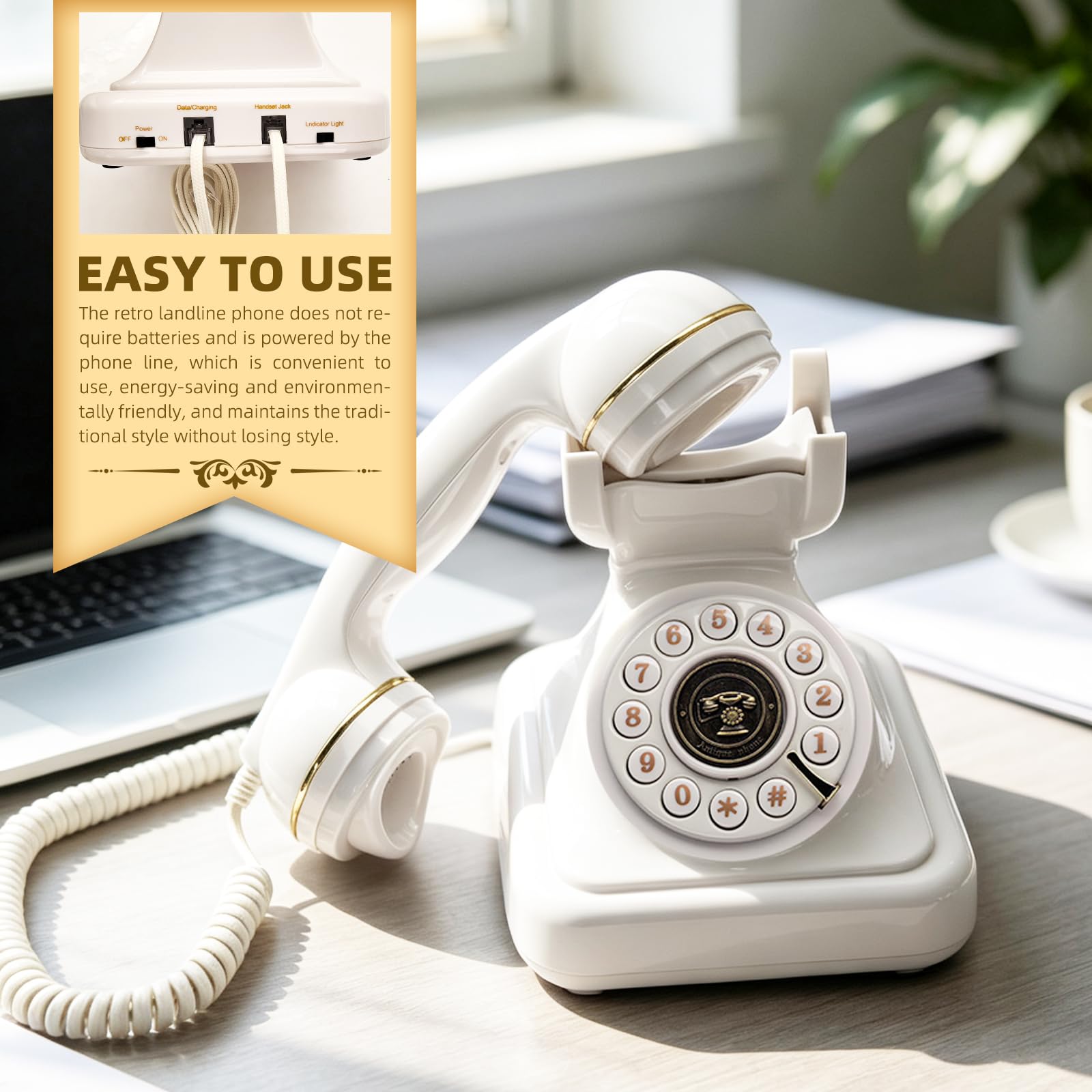 Europäisches Retro Telefon, Vintage Tastentelefon mit Einstellbarer Klingellautstärke und Wahlwiederholung, schnurgebundenes Telefon für Zuhause, Büro, Café Dekoration (Weiß)