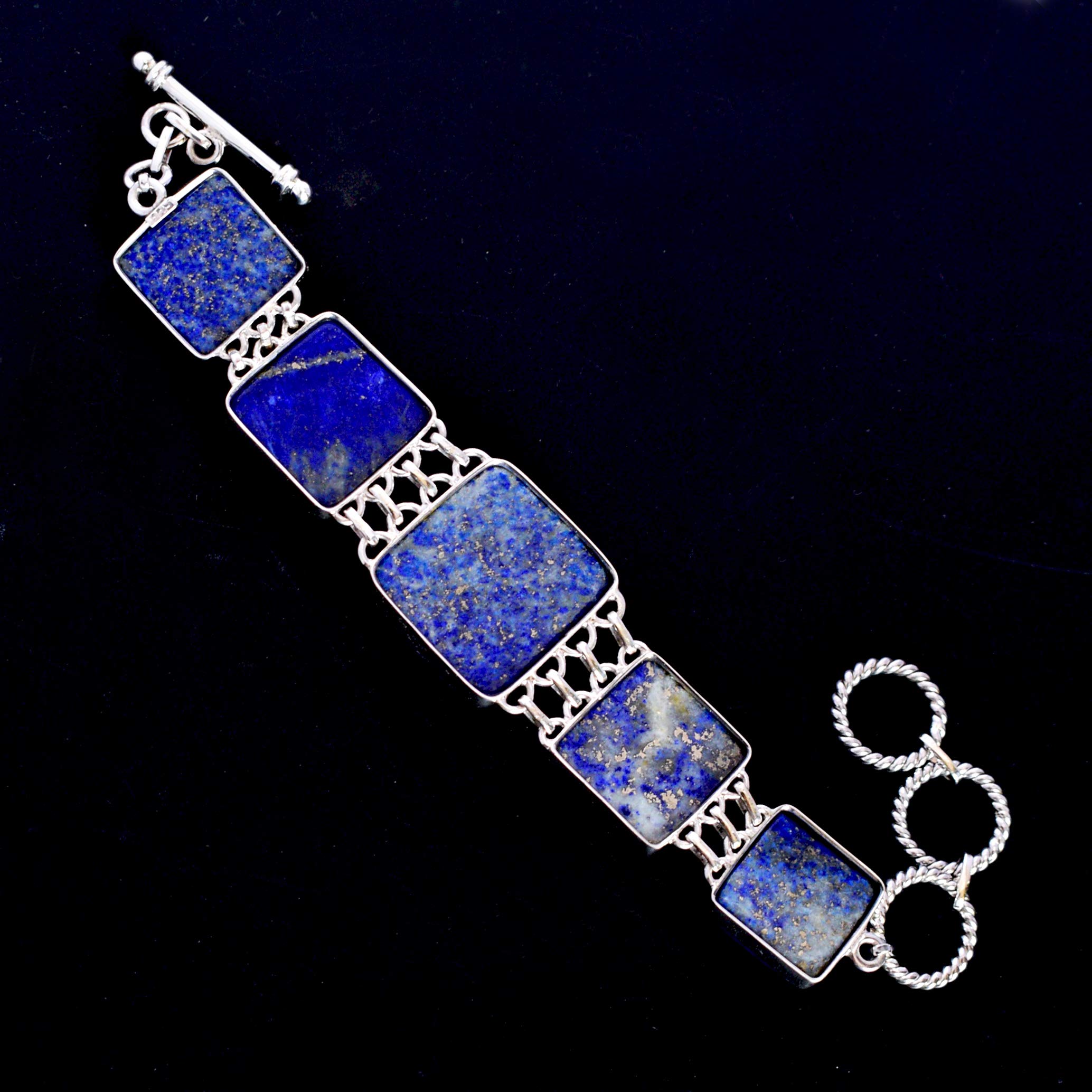 Braccialetto in argento con lapislazzuli 19 cm di lunghezza e placcatura in rodio bianco 925 con lunetta con pietre preziose blu, con castone quadrato cabochon con chiusura a