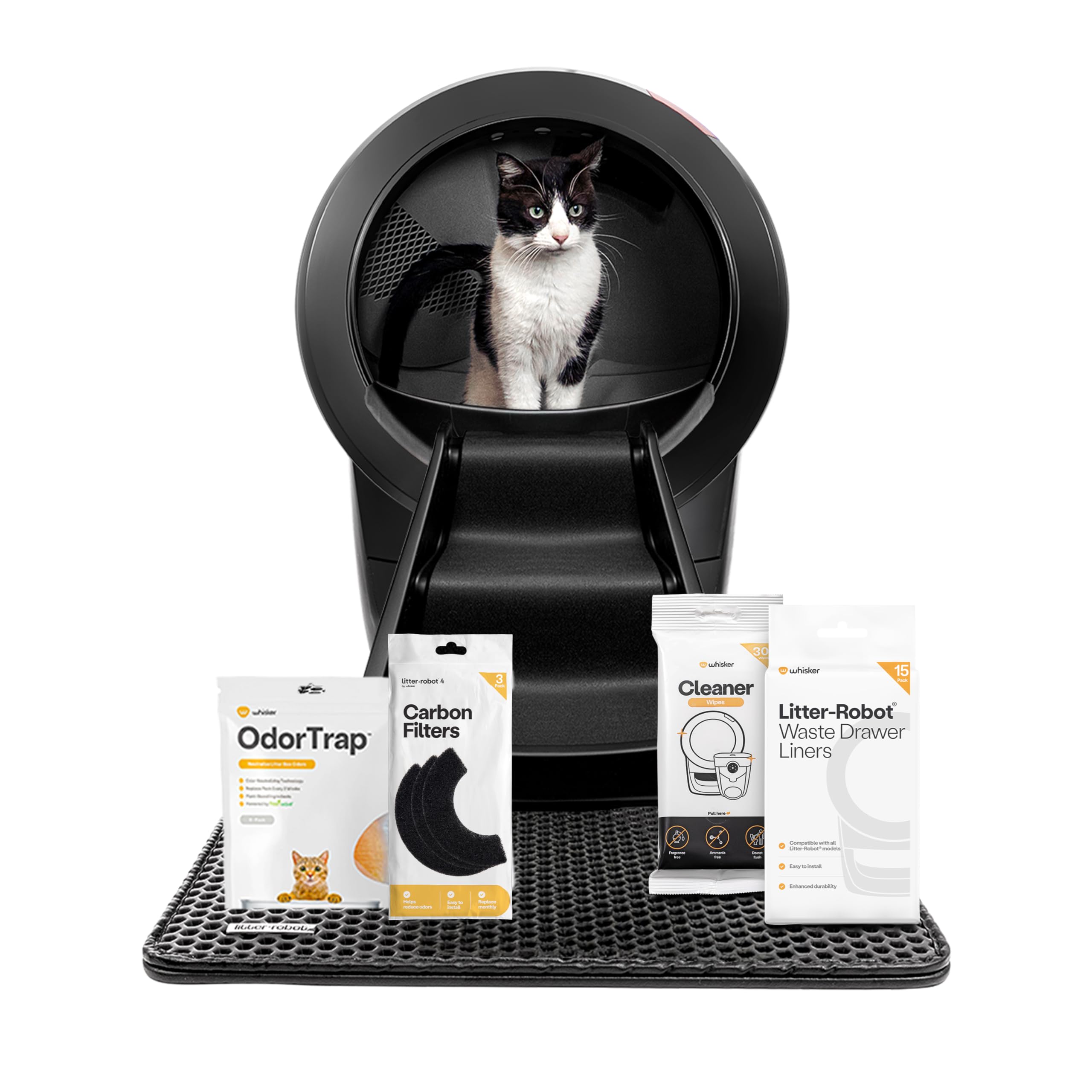Litter-Robot 4 Supply & Accessory Bundle by Whisker, Black- Automatic Self-Cleaning Cat Litter Box, Includes Litter-Robot 4, Ramp, Mat, 3 OdorTrap Packs, 10 Liners, 30 Wipes, & 2 Carbon Filters