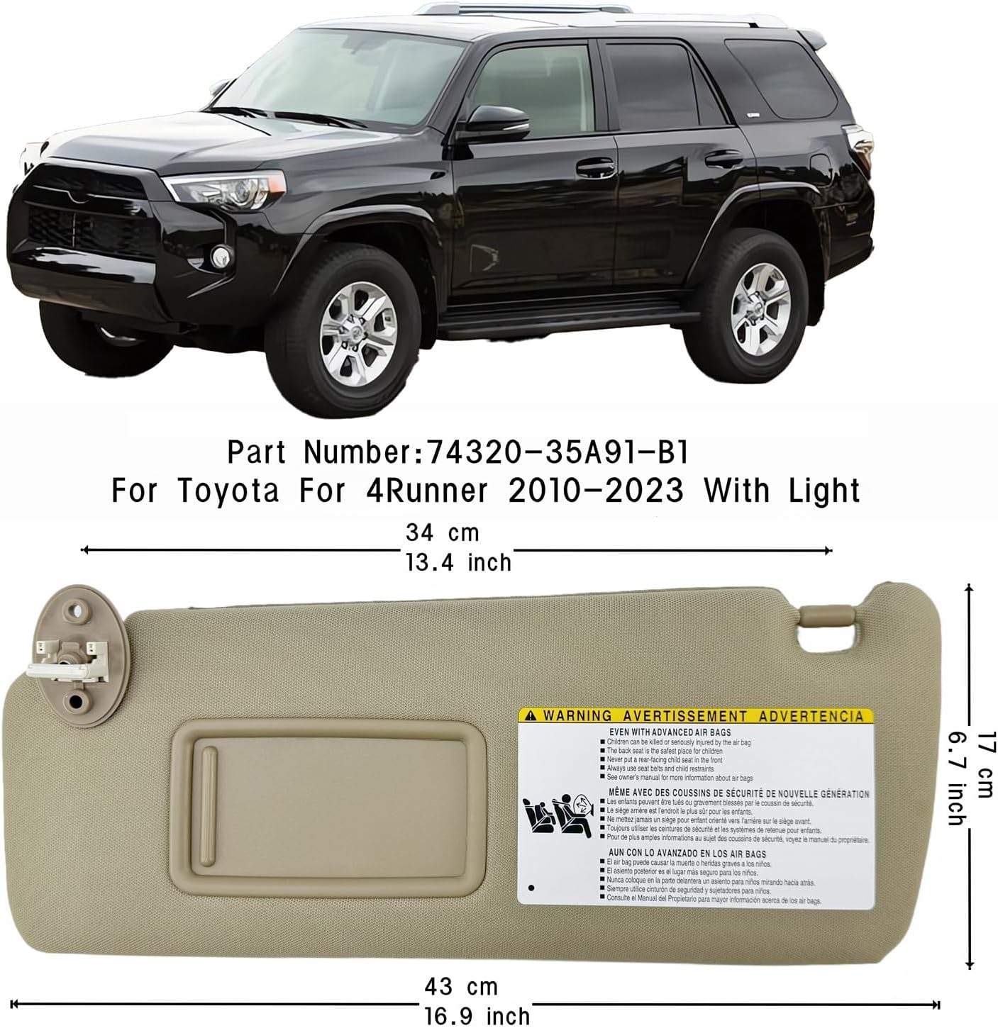 Sun Visor Replacement Pair Compatible with 2010-2023 Toyota 4Runner (Driver & Passenger Side) - with Vanity, Sunvisor Assembly Kit with Clips, Replace #74320-35A91-B1 (Beige Color)