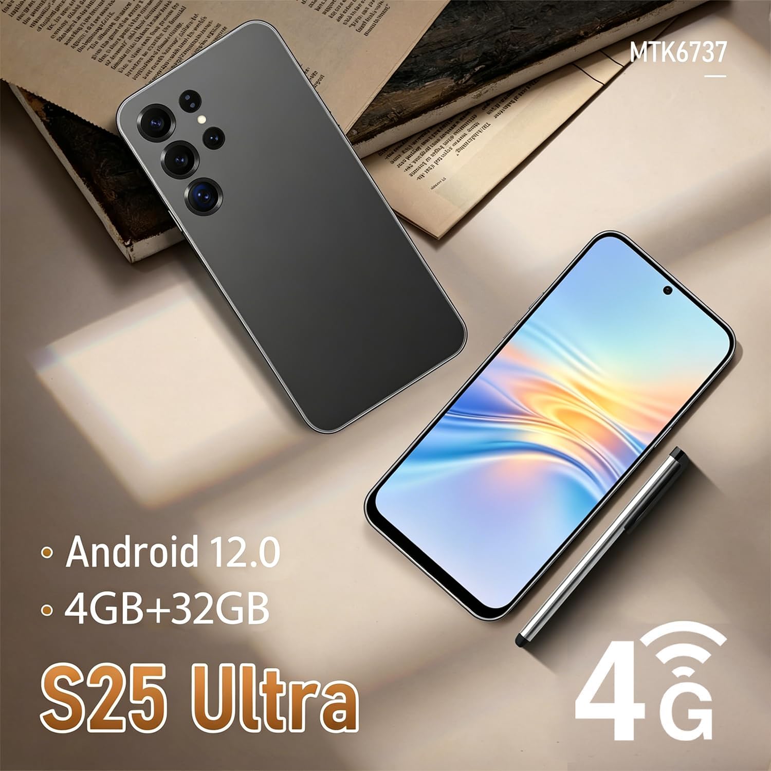 S25Ultra-Black 4G Smartphone Desbloqueado Android 12.0 6.6'' HD+ 4GB 32GB ROM 256GB SD Dual SIM Cámara Dual ID Cara WiFi GPS OTG