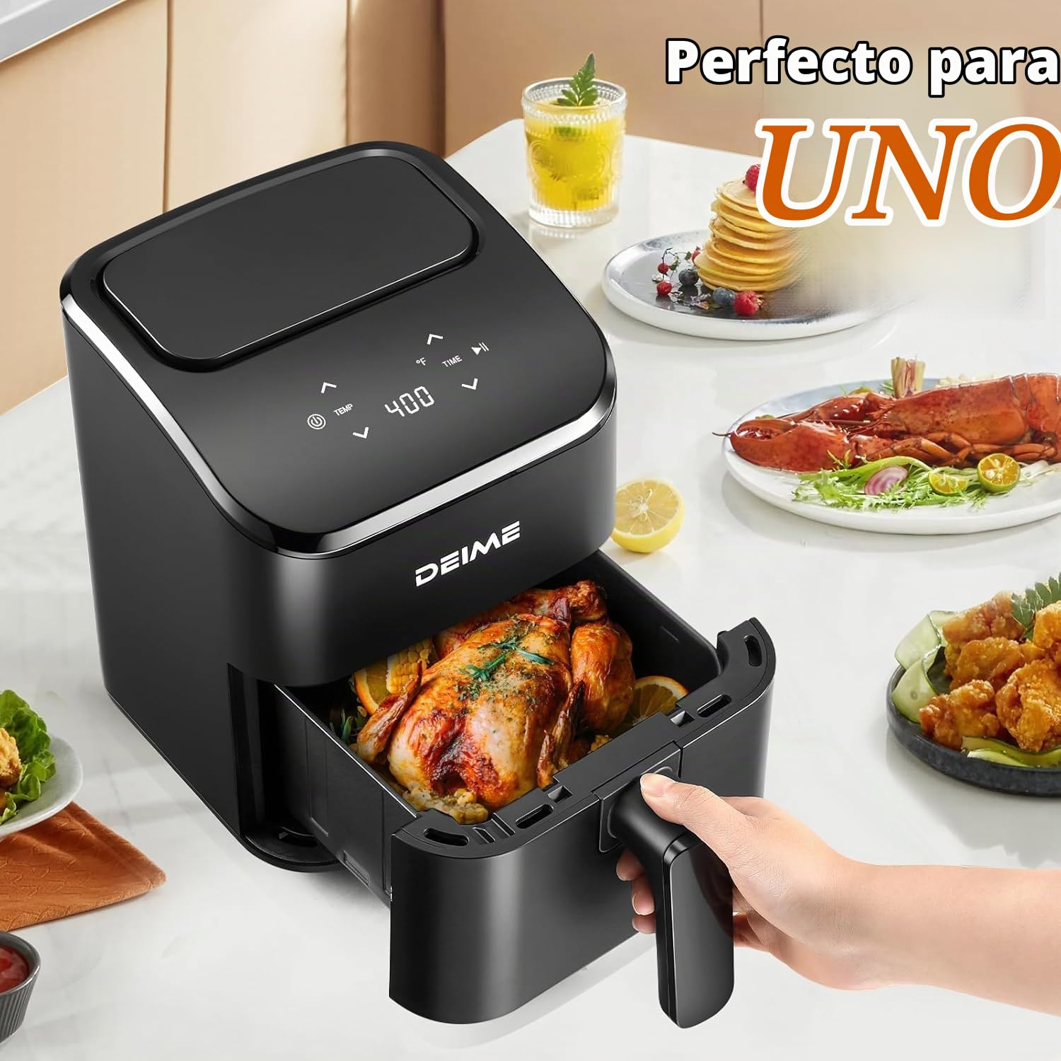 DEIME Freidora de aire 2,5 L, pequeña freidora digital compacta para ahorrar espacio, cocinar, calentar, asar para comidas rápidas y fáciles, mini compacta y silenciosa, antiadherente