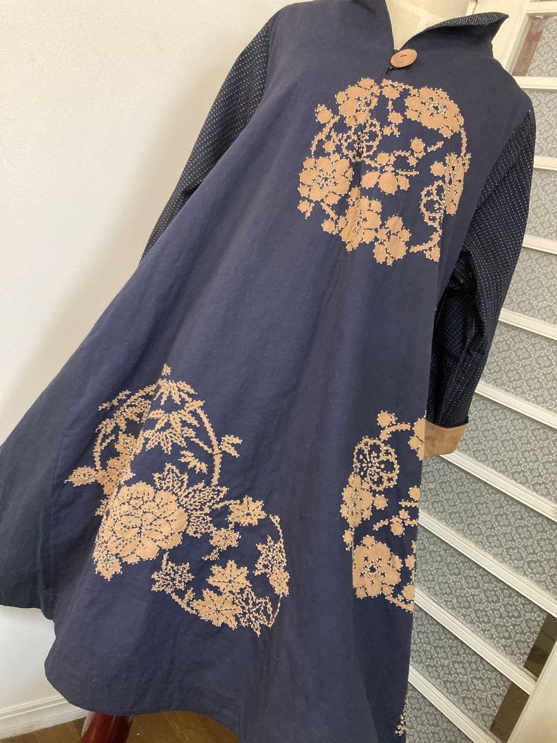 Amazon.co.jp: 古布リメイク書生絣と柿渋染め花輪紋藍木綿刺し子  