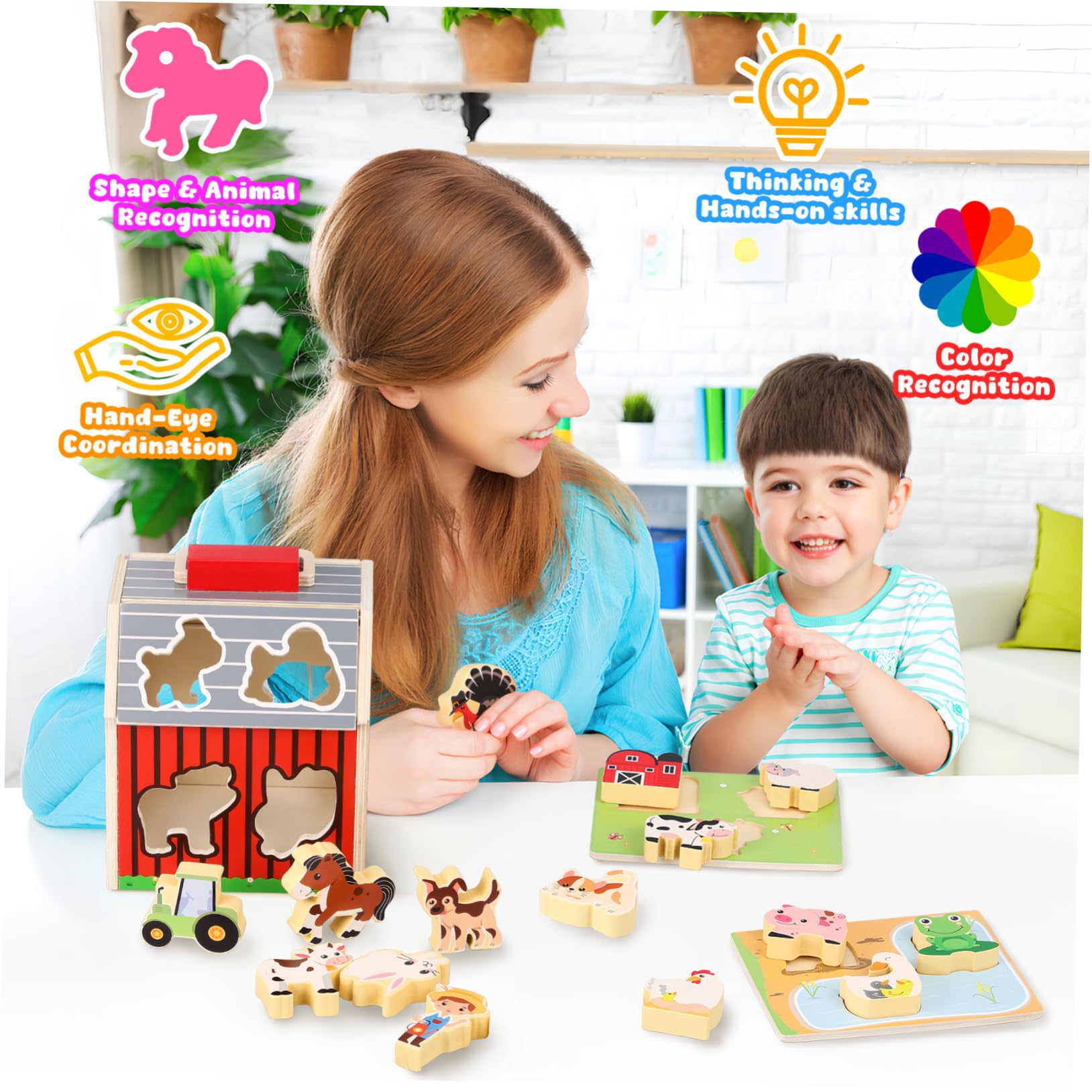 Granja Montessori de Madera para Set Educativo con Animales de Madera Natural para Desarrollo Cognitivo y Coordinación Manual Preescolar