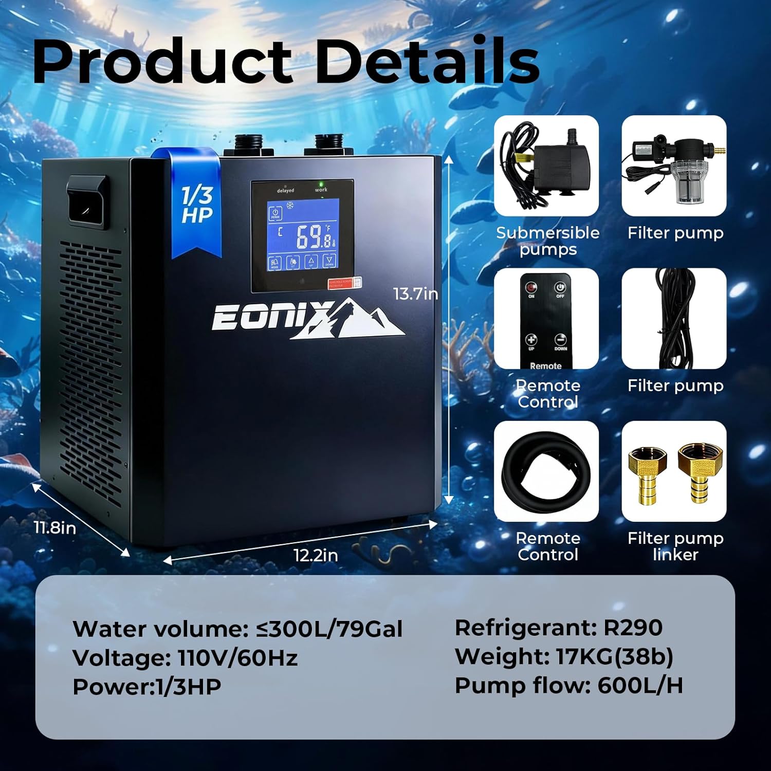 79 Gallon Aquarium Chiller,1/3 HP Water Chiller for Hydroponics,Chiller for Saltwater & Freshwater Fish Tank, Hydroponics Cooling System with Pump, Quiet Efficient Water Chiller for Axolotl,Coral Reef