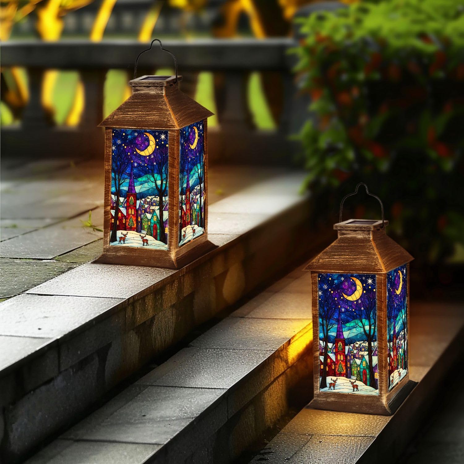Solar Lantern Snowy Winter Village Colorful Houses Starlit Sky Reindeer Garden Hanging Lantern Waterproof Solar Powered Lighting Outdoor Table Lamp for Deck Yard Camping Patio Decor Gifts for Women