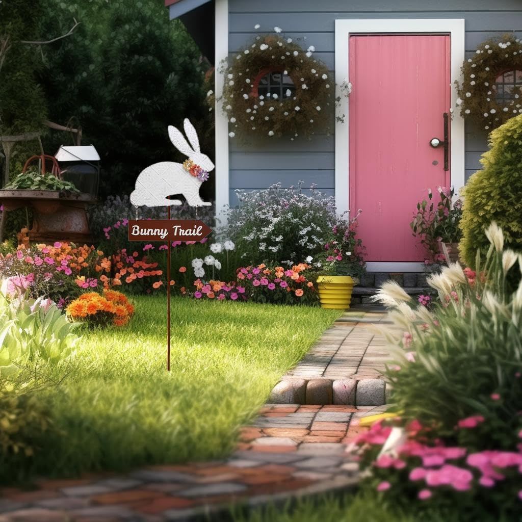Easter Bunny Garden Stake Metal Bunny Rabbit Decorative Yard Stake with Bunny Trail Sign Spring Easter Garden Yard Stake Decor