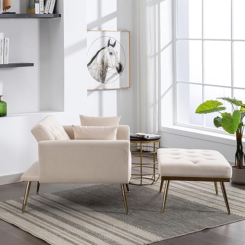 Miniatura 6 de Tumbona de terciopelo 2 en 1 para interiores con otomana, moderno sofá cama con 3 ángulos reclinables, reposabrazos, silla convertible para sala de