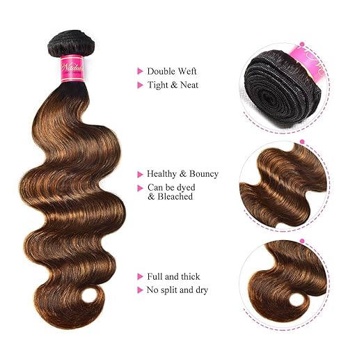 Miniatura 5 de Nadula 3 manojos de cabello humano ondulado marrón 12A balayage ombré, extensiones de cabello humano brasileño Remy con reflejos marrón chocolate,